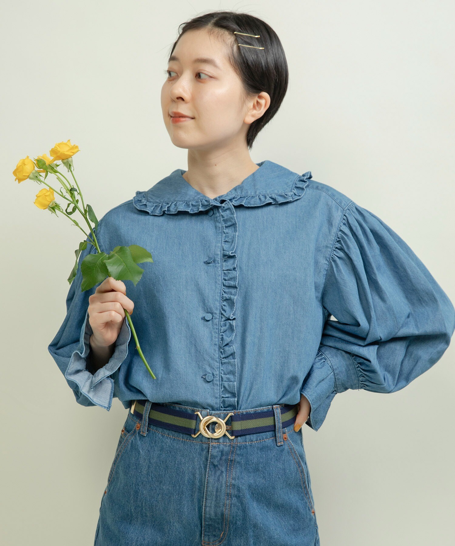 AMBIDEX Store ○ライトオンスデニム フリルセーラーシャツブラウス(F