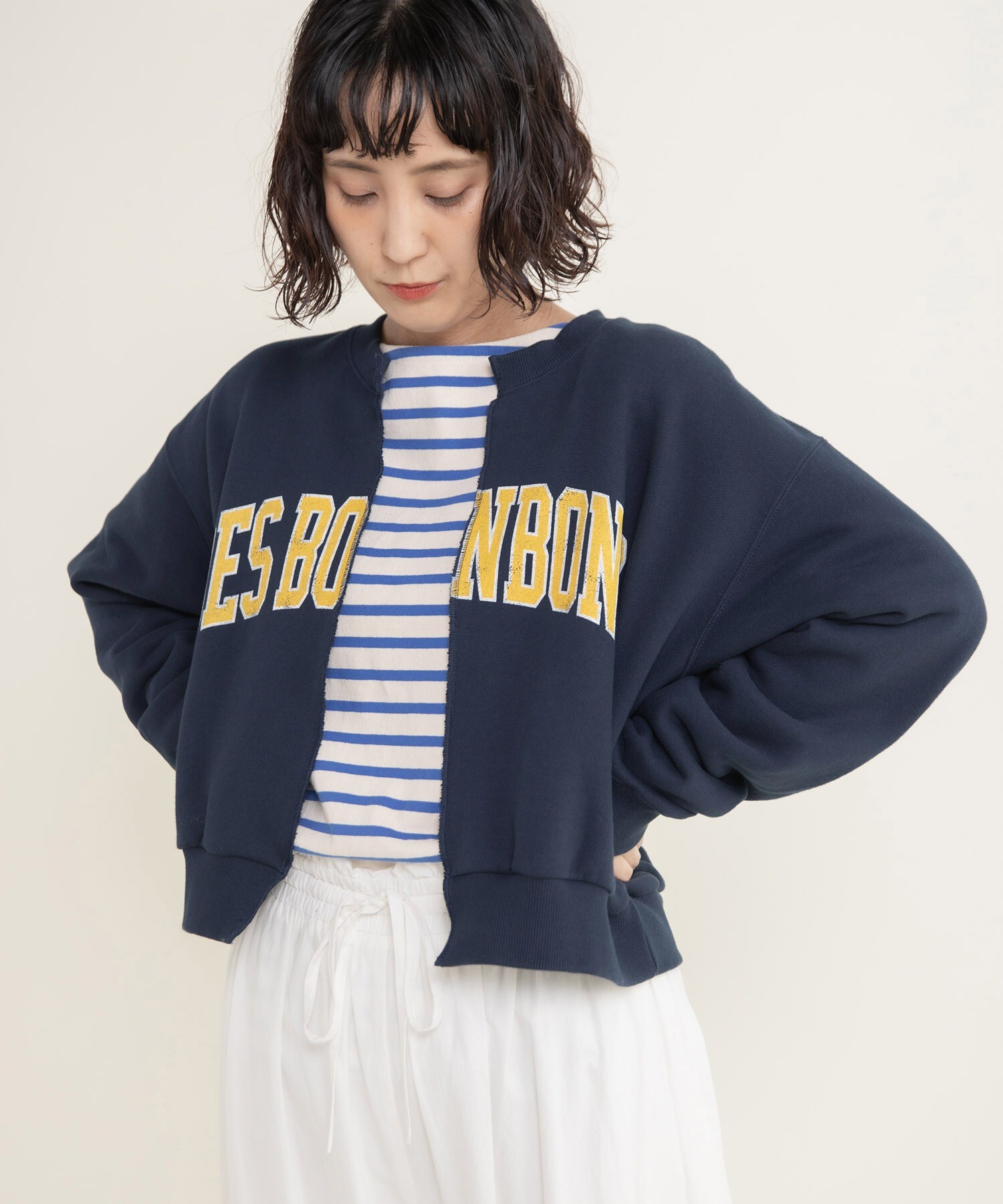 BONBONプリントスウェット リメイクはおりカーディガン