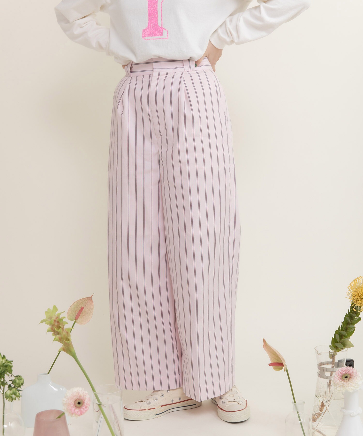 40/-オックスマルチストライプ センタープレスストレートパンツ