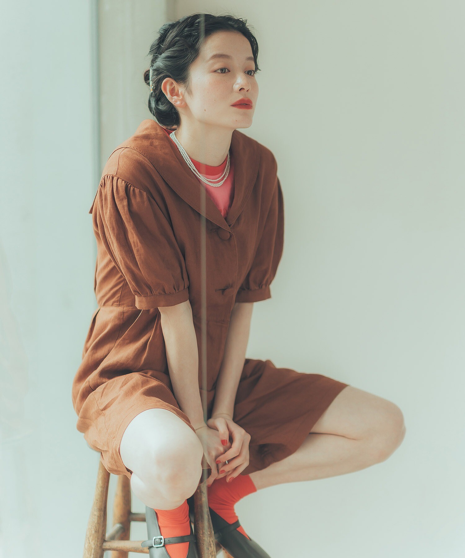 FABIANA FILIPPI ミントグリーン　 シルクブレンドオールインワン Crushed Silk Band Collar Long Shirt | EILEEN FISHER
