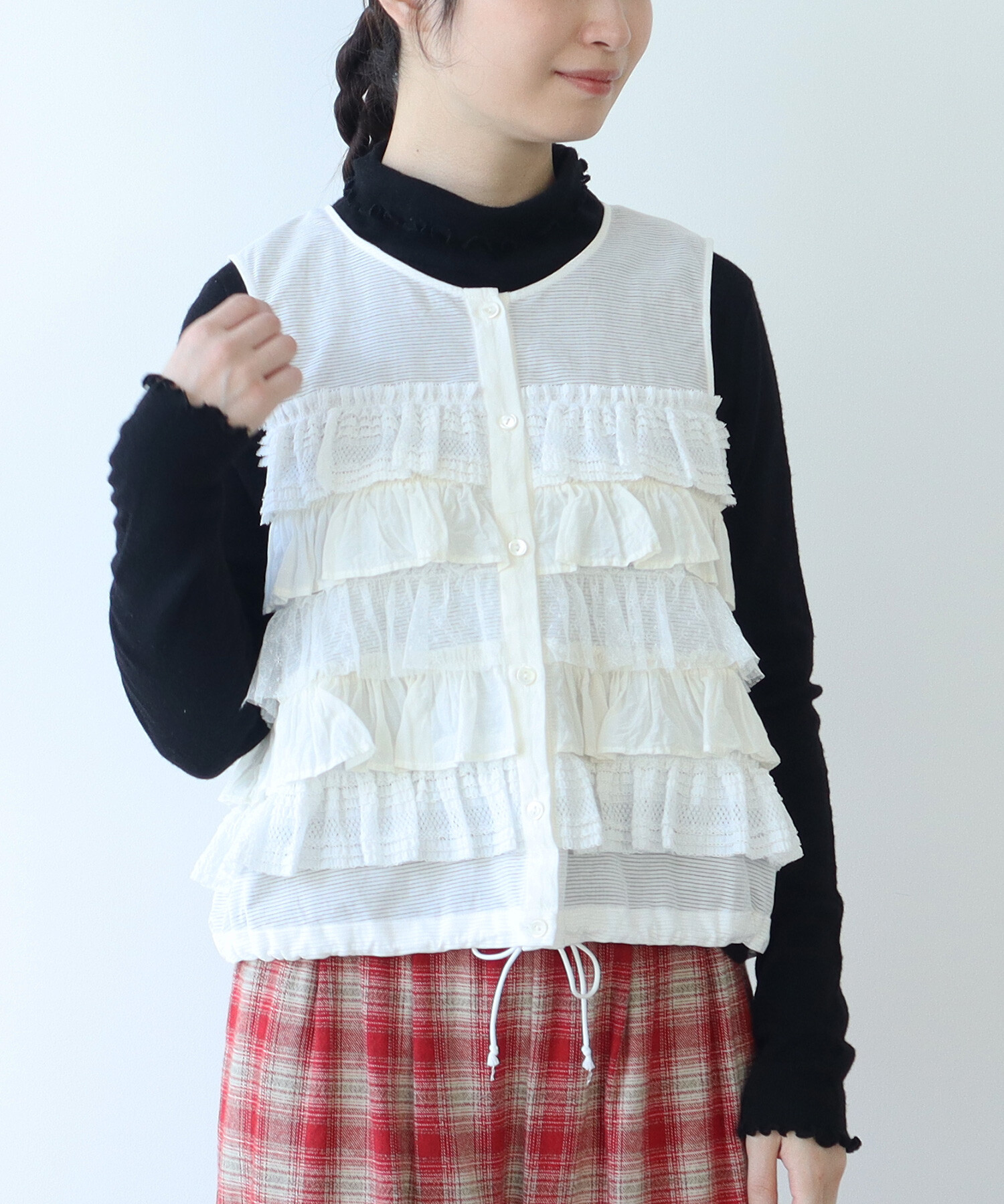 AMBIDEX Store 〇Lace×tulle フリル ベスト(F シロ): bulle de savon