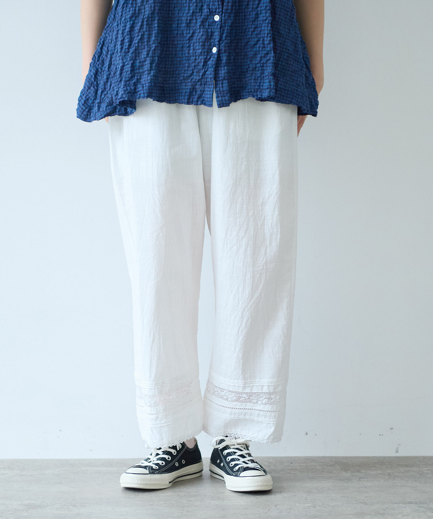 ふわさら AMBIDEX Store 〇 コットン / リネン lace×pin tuck パンツ(F クロ