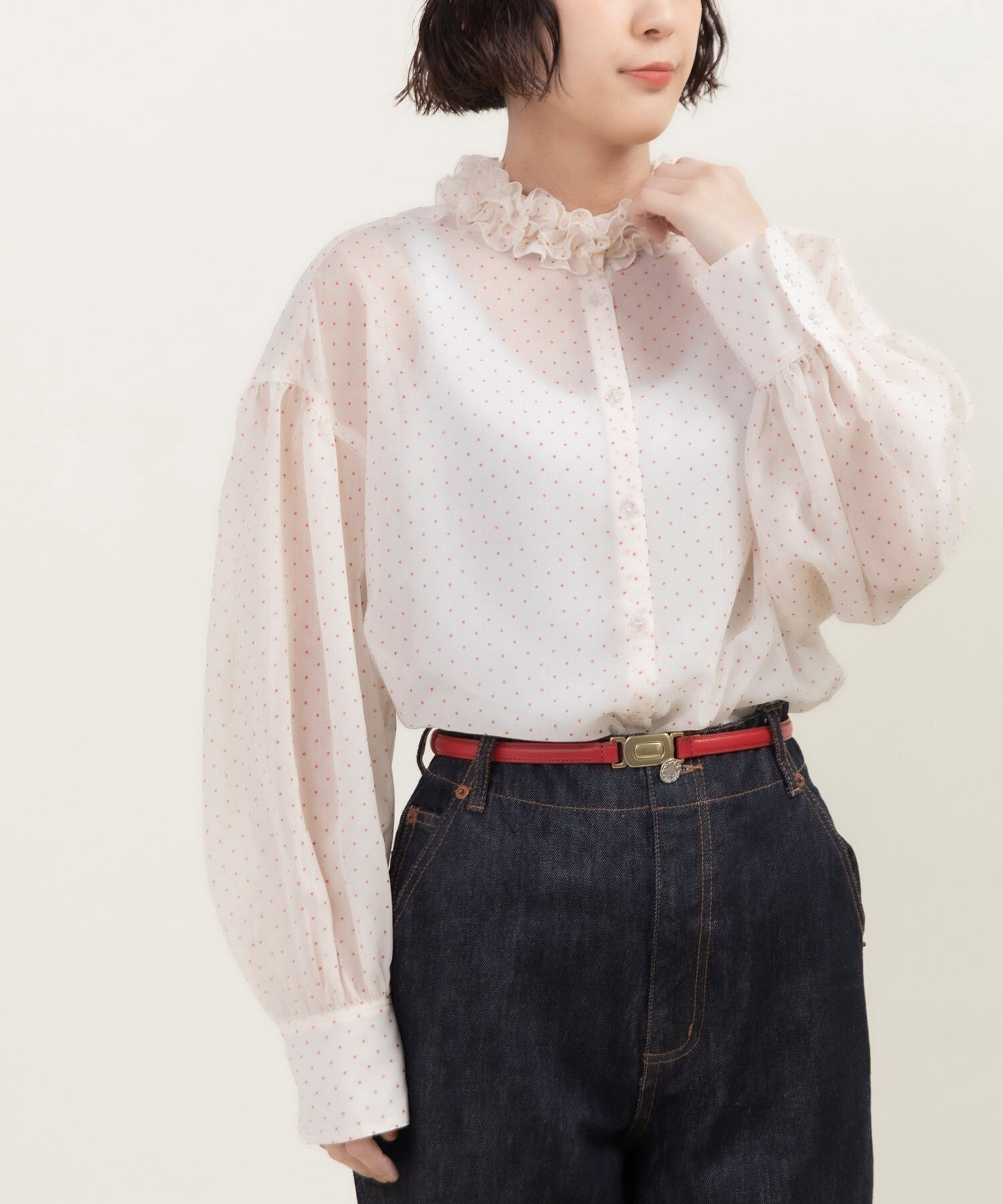 シアードットプリント 2段フリル襟ブラウス