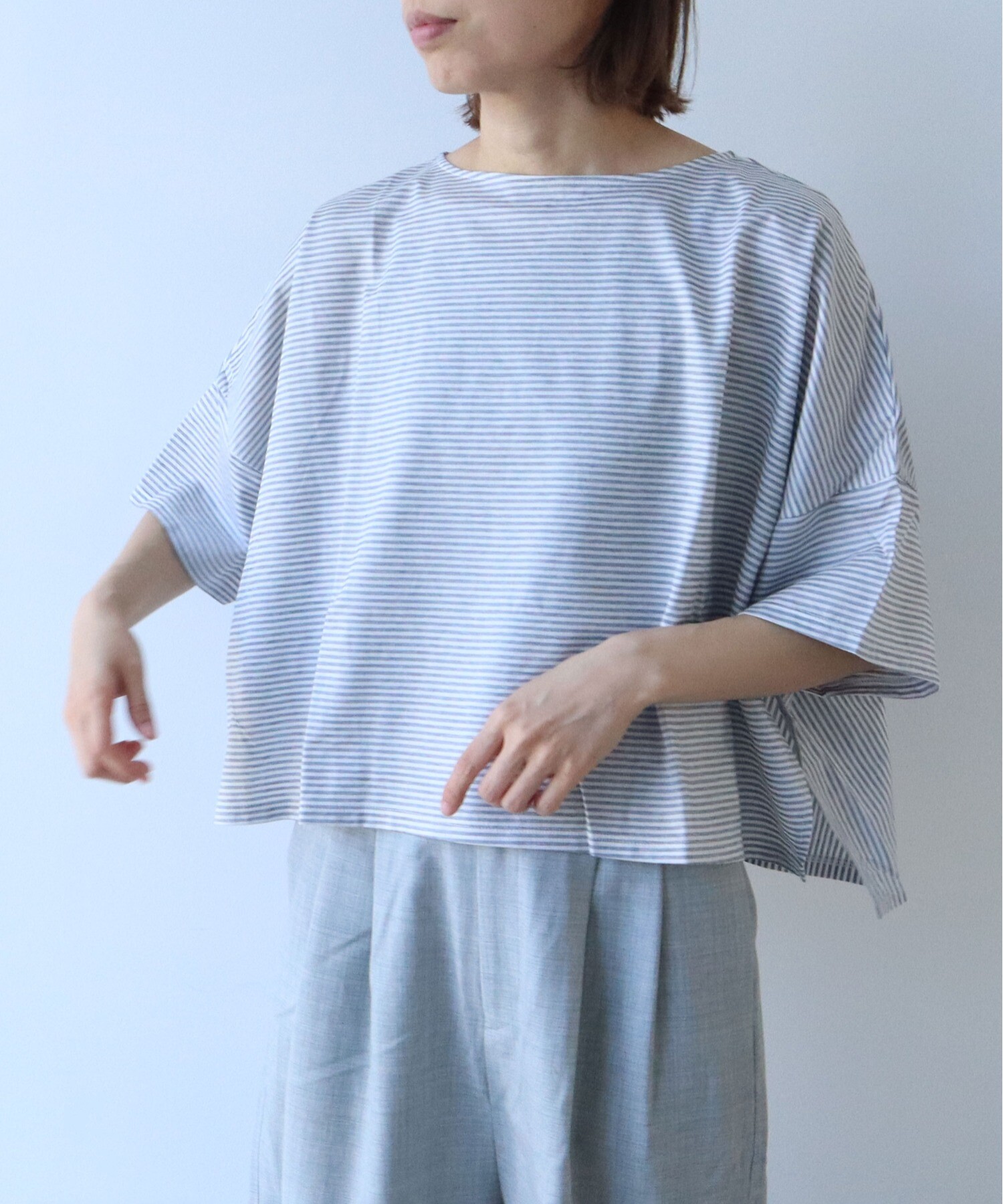 AMBIDEX Store コットン ボーダー ワイドプルオーバー(F アオ): yuni