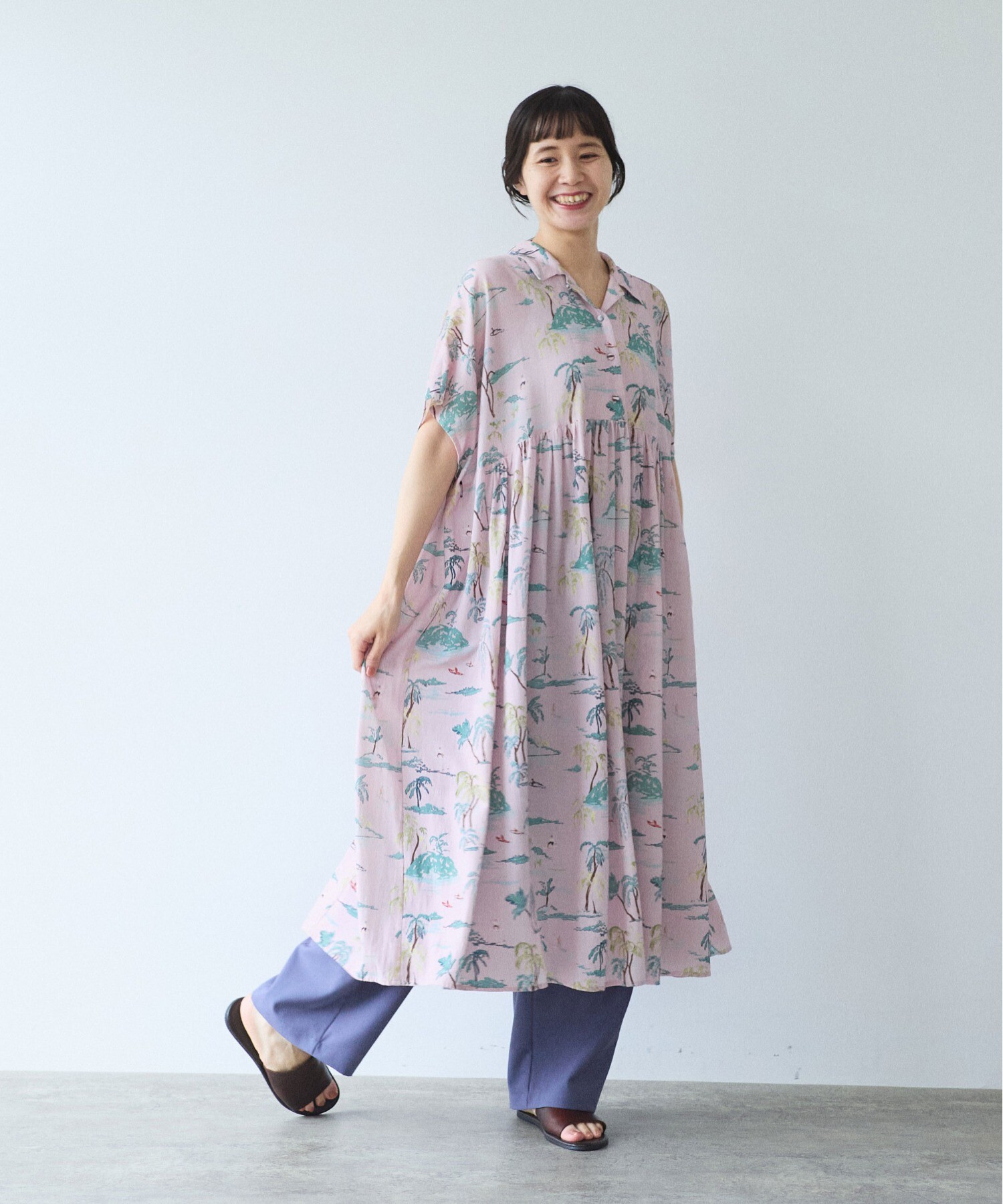 AMBIDEX Store Island print tiered open collar ワンピース(F ピンク