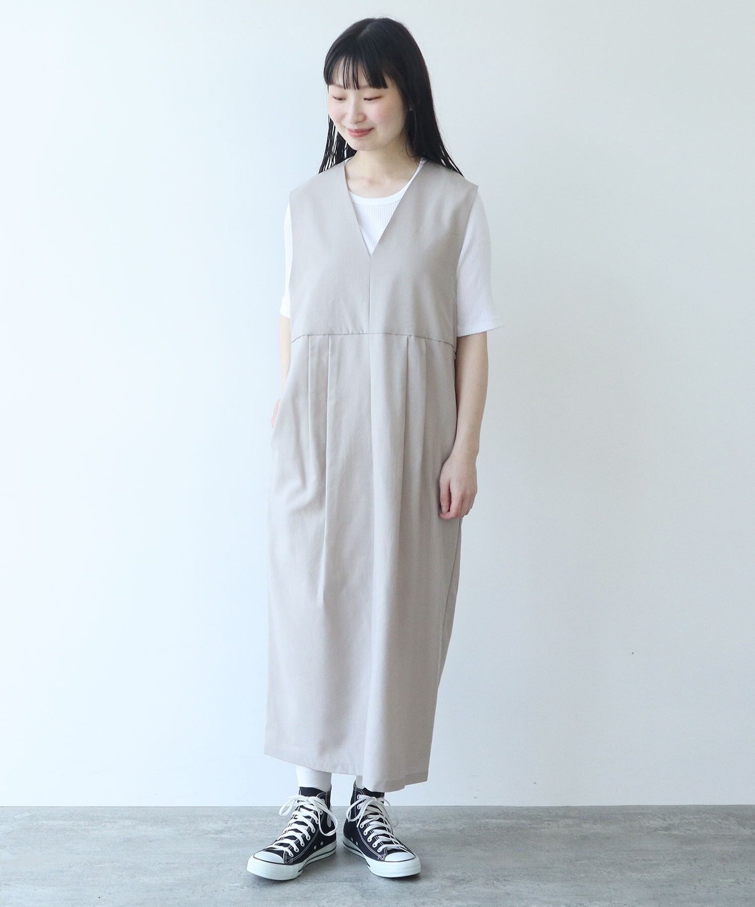 AMBIDEX Store サマーウール Vネックジャンパースカート(F ベージュ): yuni