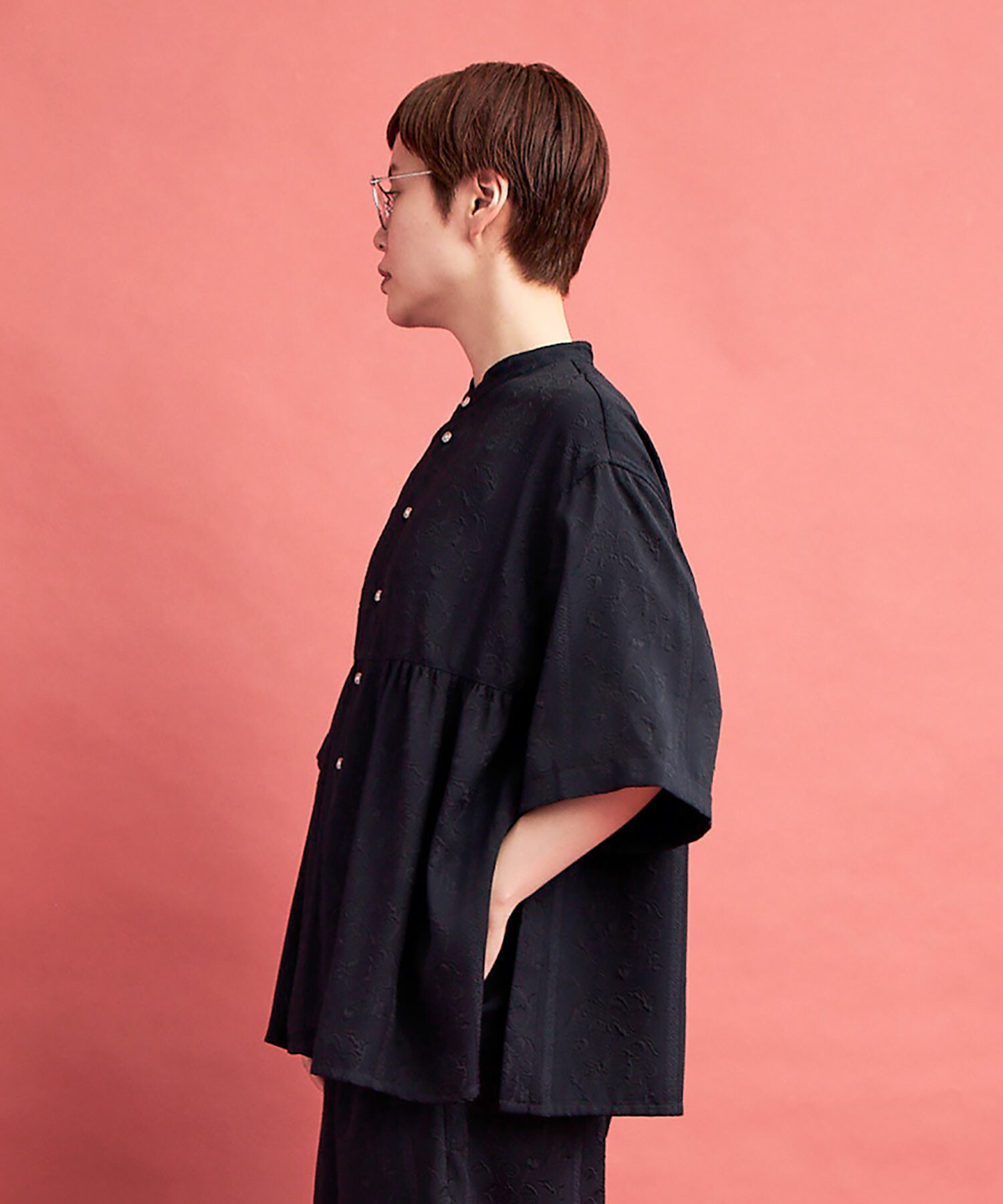 AMBIDEX Store ○botanical stripe gather シャツ(F NAVY): FLAT