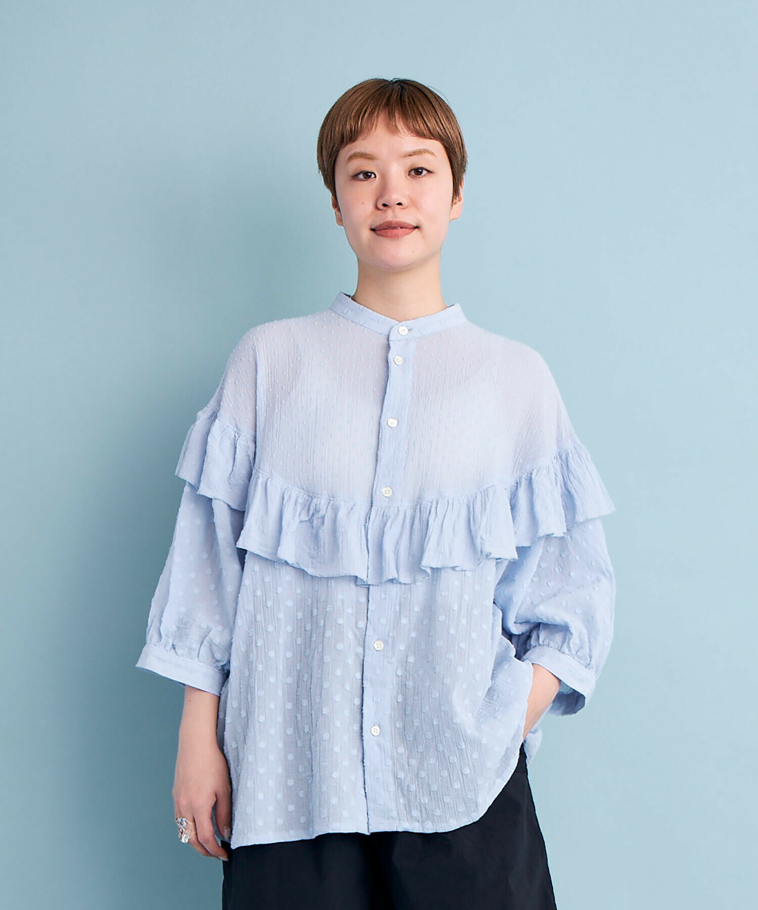 AMBIDEX Store DOT CUT DOBBY ROUND FRILL ブラウス(F LIGHT BLUE