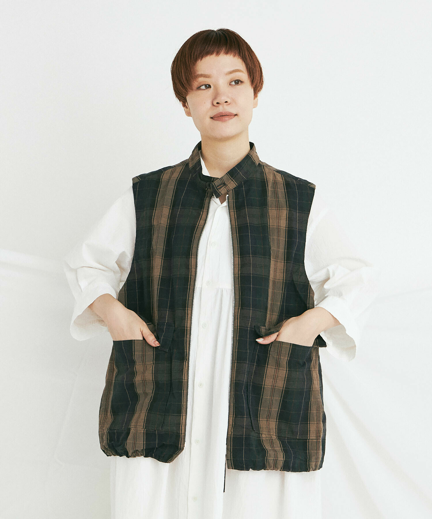 AMBIDEX Store Li/Cクロスワッシャー/CHECK ZIP ベスト(F IVORY): buoybuoy