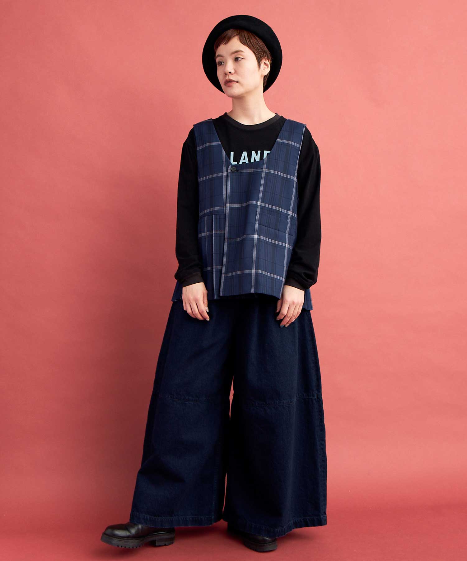 AMBIDEX Store ○TWILL CHECK PLEATS ジレ(F IVORY×NAVY): buoybuoy