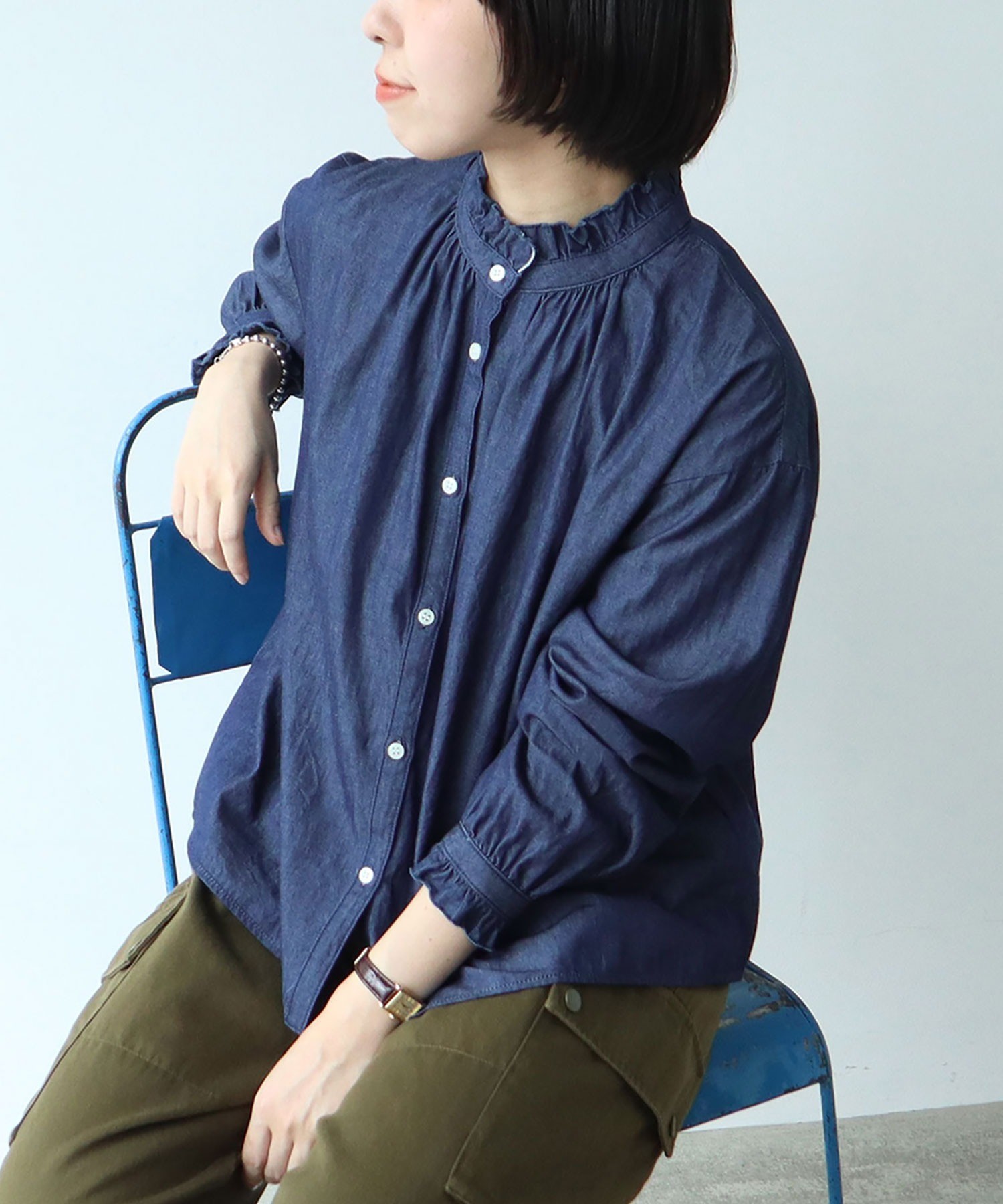 AMBIDEX Store ○ライトオンスデニム スタンドフリルブラウス(F