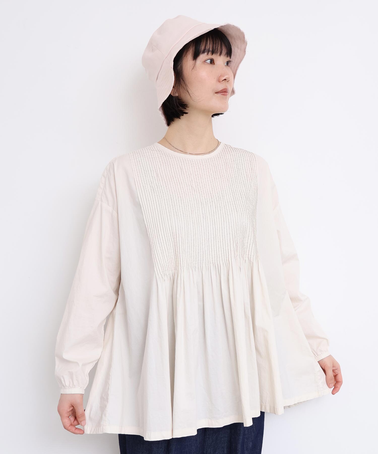 l'atelier du savon ⿻ ピンタック ブラウス フレア コットン AMBIDEX Store バスクシャツみたいなピンタックブラウス(F ピンク): l