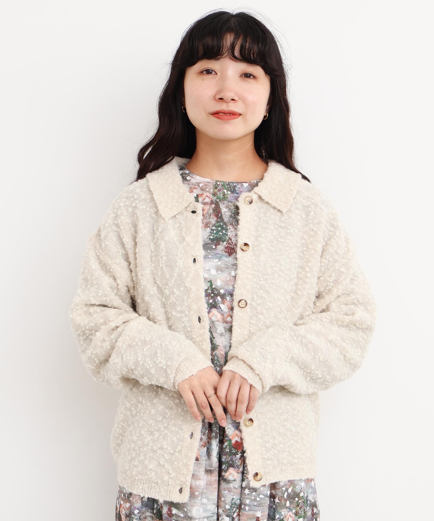 AMBIDEX Store 〇きらっとしたニット 襟付きカーディガン(F キナリ): l