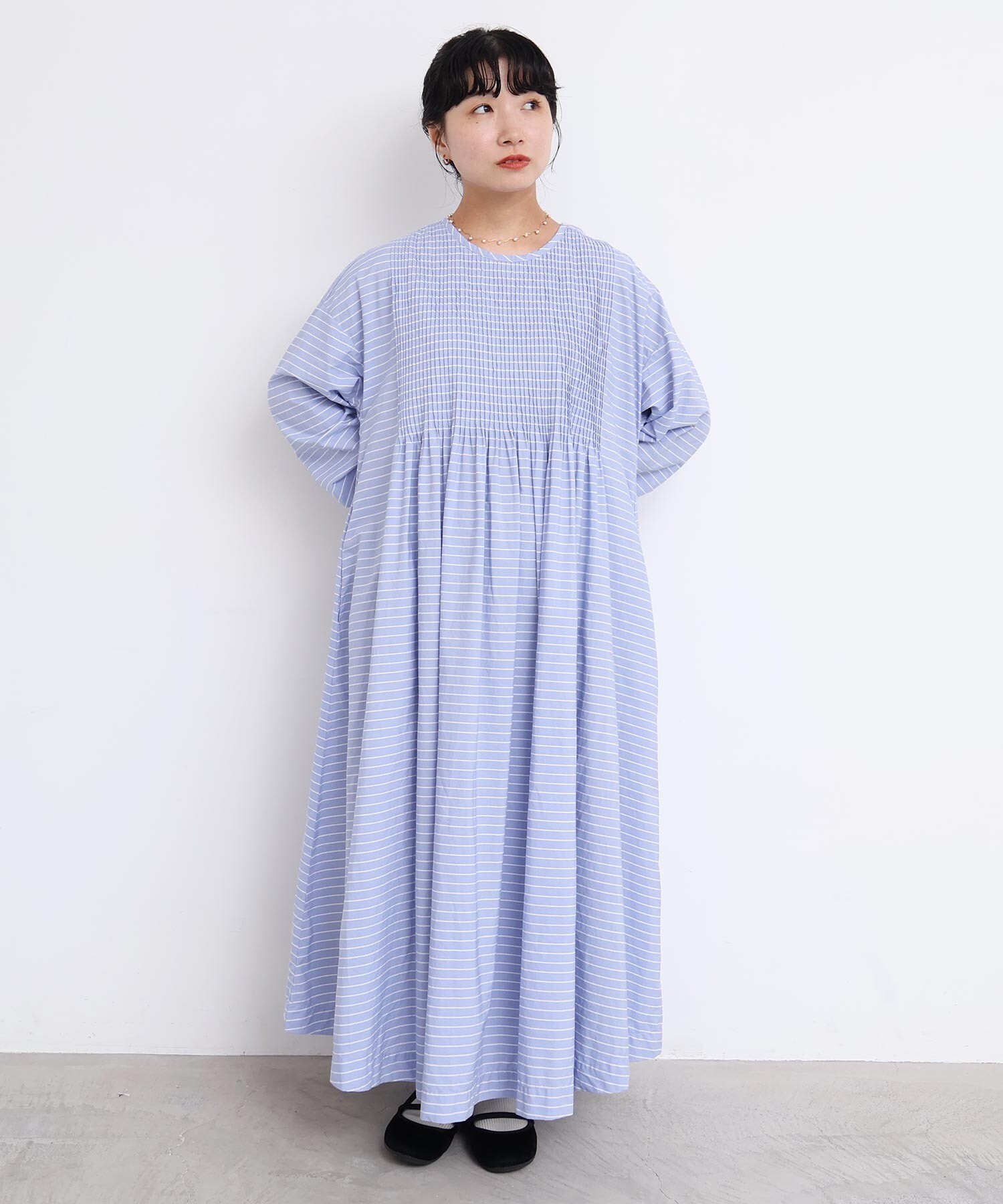 AMBIDEX Store バスクシャツみたいなピンタックワンピース(F サックス