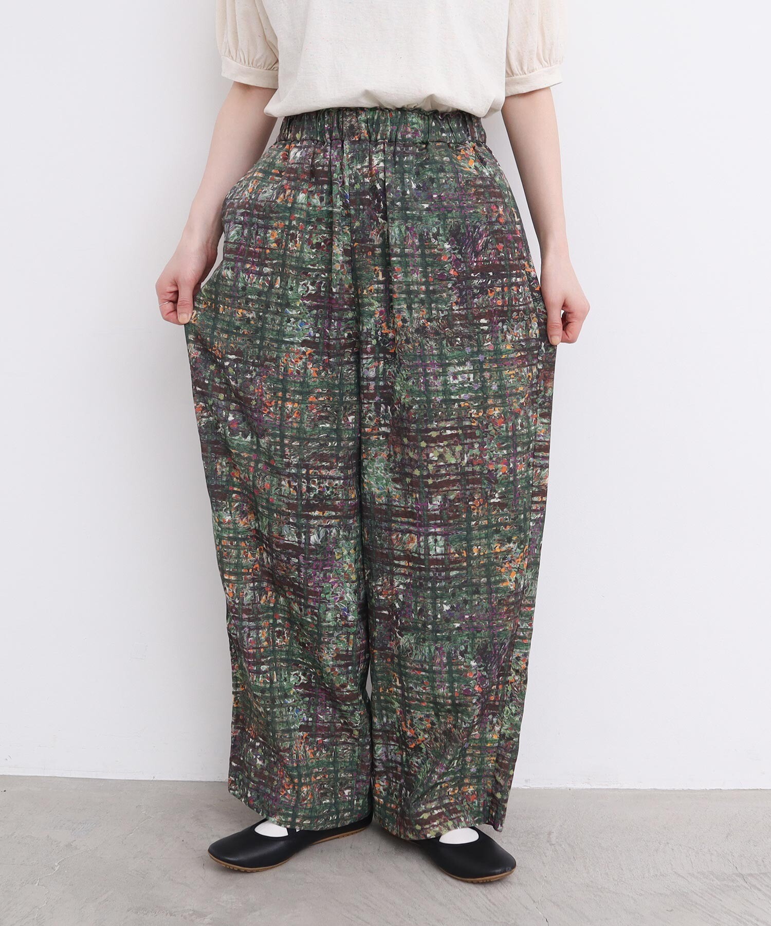 AMBIDEX Store ○check × hana 手描きプリントパンツ (F グリーン): l