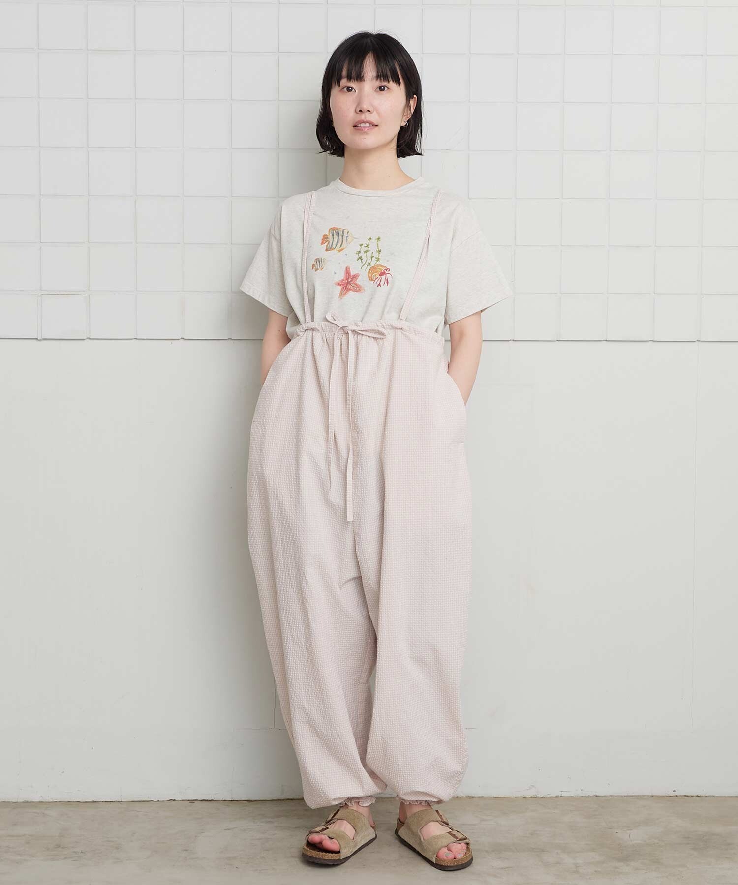 AMBIDEX Store ぽつぽつしたミニチェック 細リボンつりパンツ(F アオ