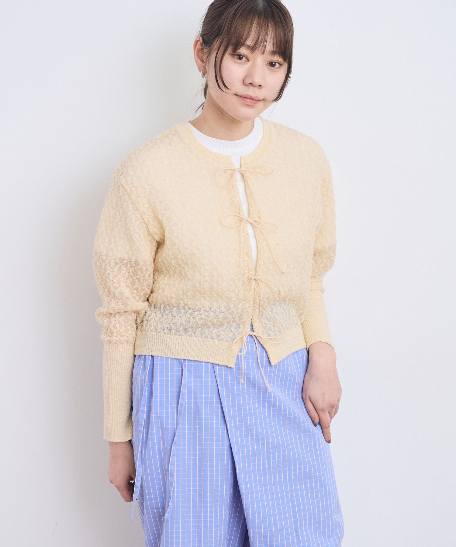 AMBIDEX Store 〇幾何学レースジャカード リボンカーディガン(F