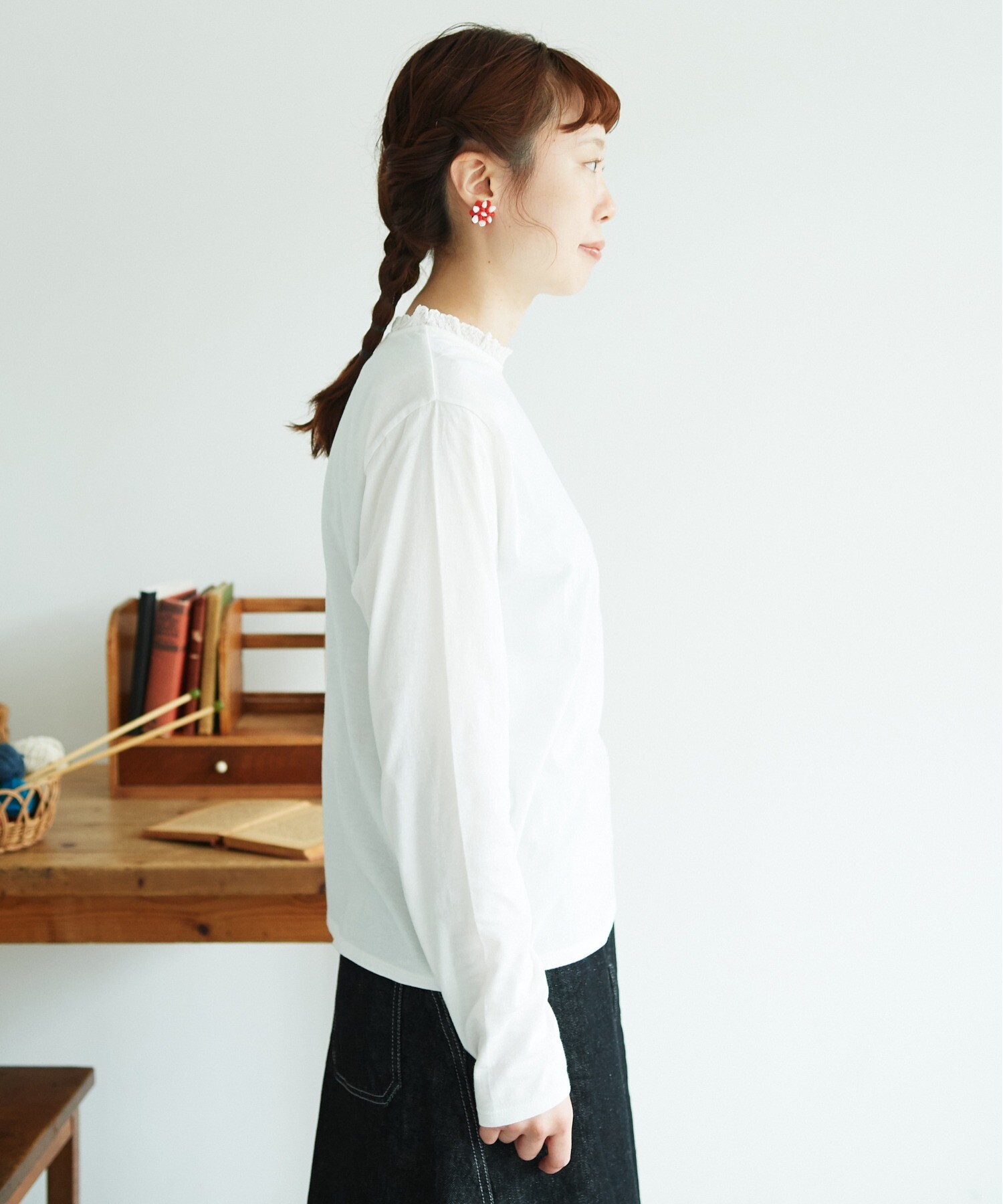 AMBIDEX Store ○cdc 40/-天竺 レースフリルロングTシャツ(F シロ
