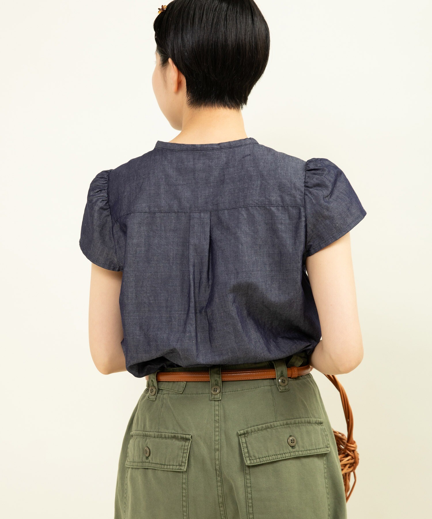 再値下げ LIMIfeu ブラウス 2012-13AW ボウタイ バックボタン AMBIDEX Store ○綿ラミーライトデニム 細ボウタイブラウス(F