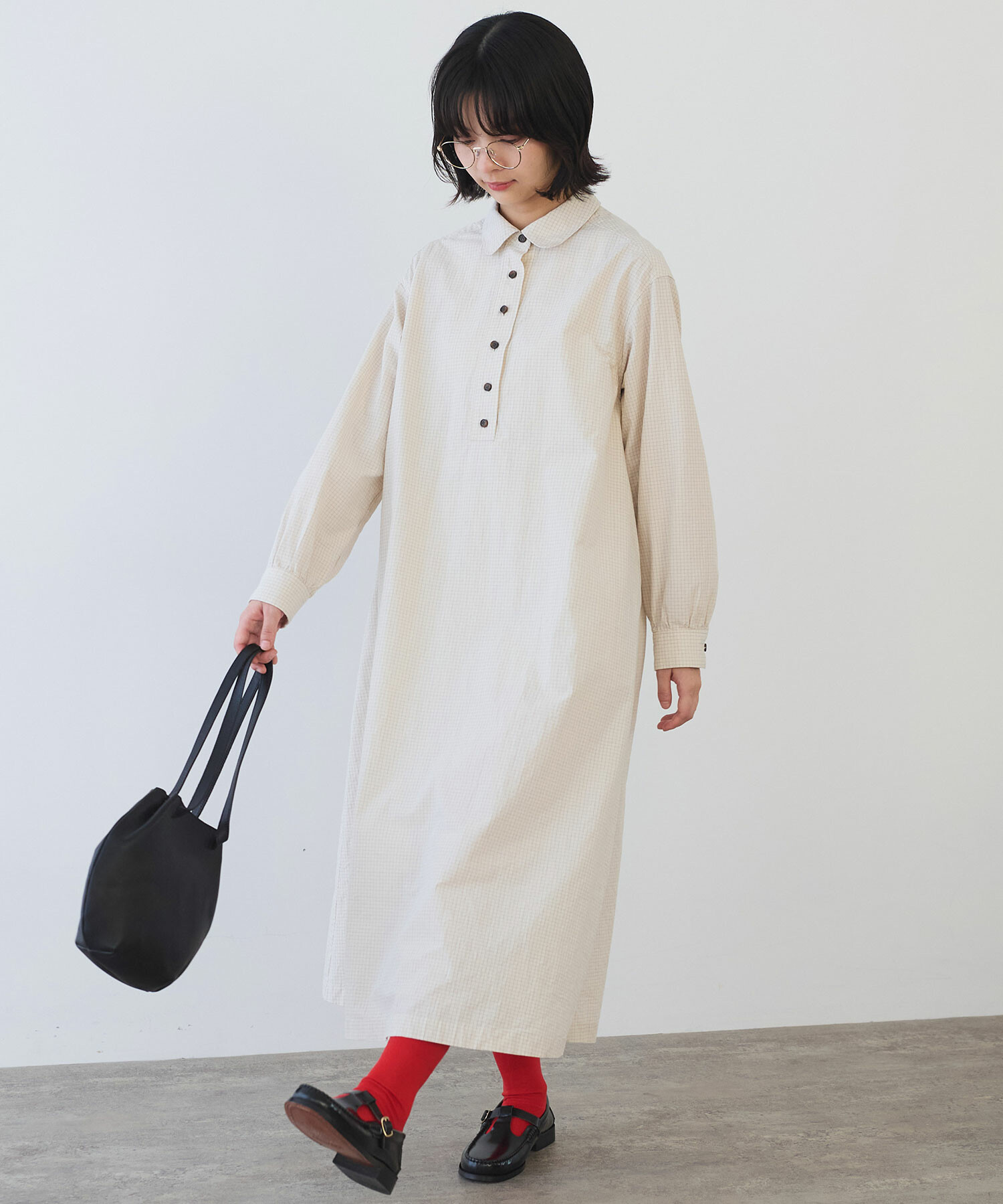 AMBIDEX Store △〇 ナチュラルリップルボイル シャツワンピース(F アイボリーチェック): bulle de savon