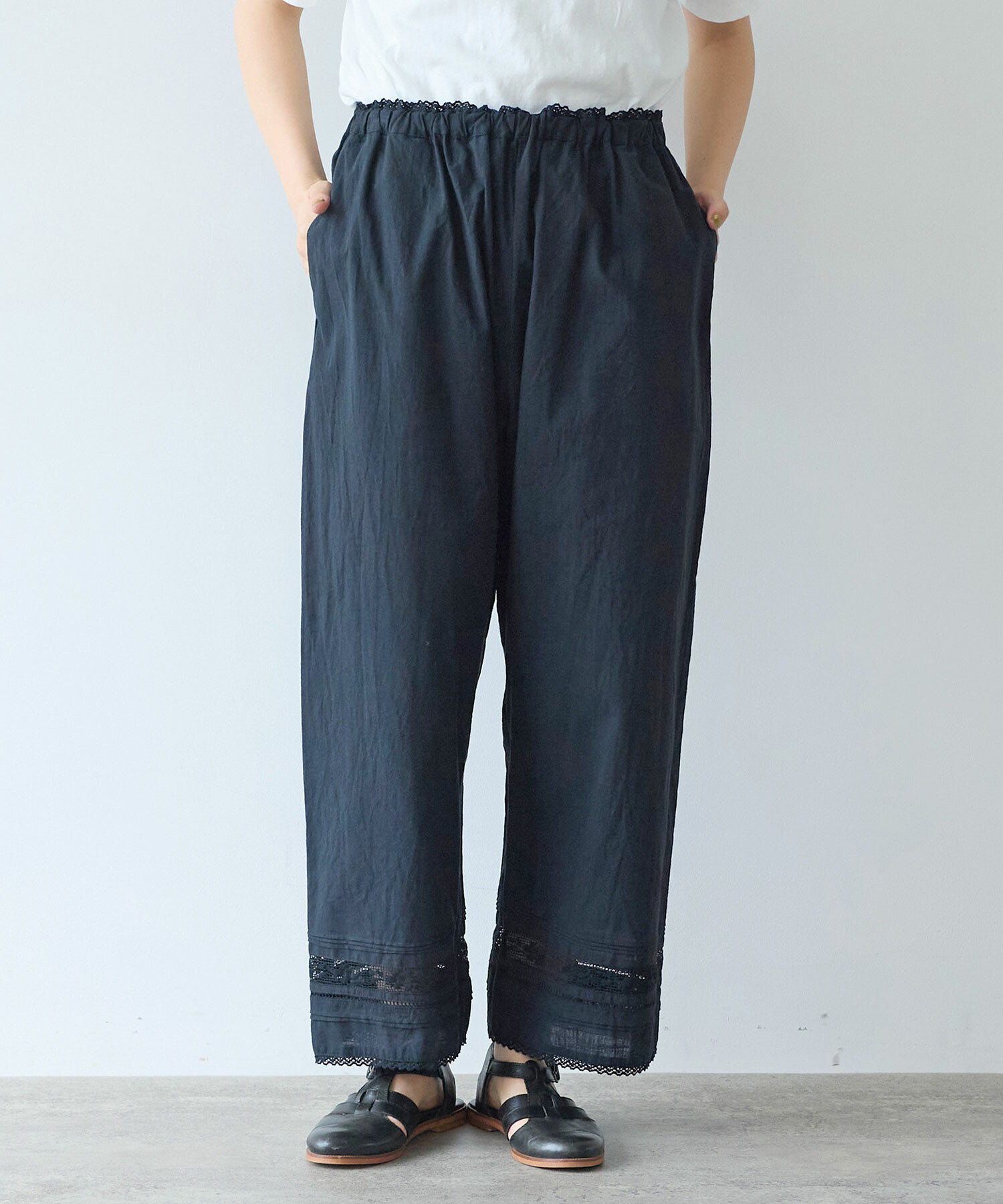 AMBIDEX Store 〇 コットン / リネン lace×pin tuck パンツ(F クロ