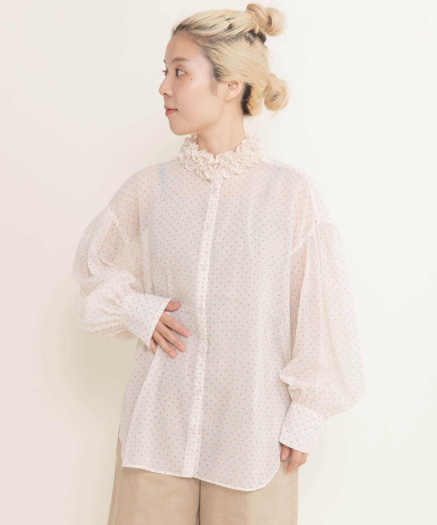 シアードットプリント 2段フリル襟ブラウス