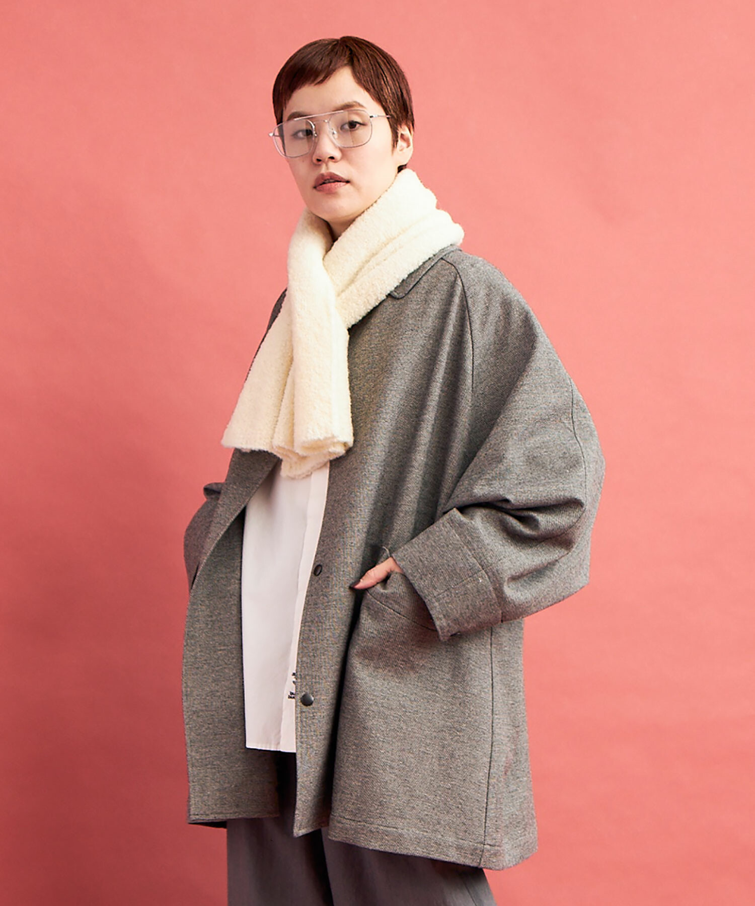 ◆ごはん4号◆WOOLブレンドボアコート38新品タグ付★48,400円★ AMBIDEX Store 【予約販売】○POP TWEED DOLMAN コート(F NAVY
