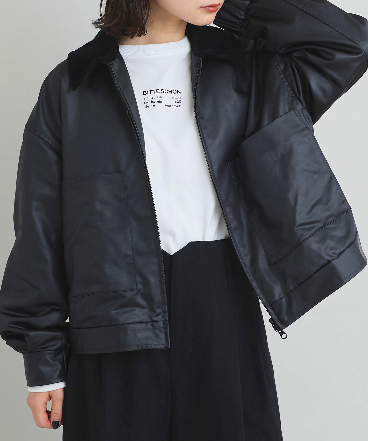 AMBIDEX Store フェイクレザージップ ブルゾン(F クロ): iki