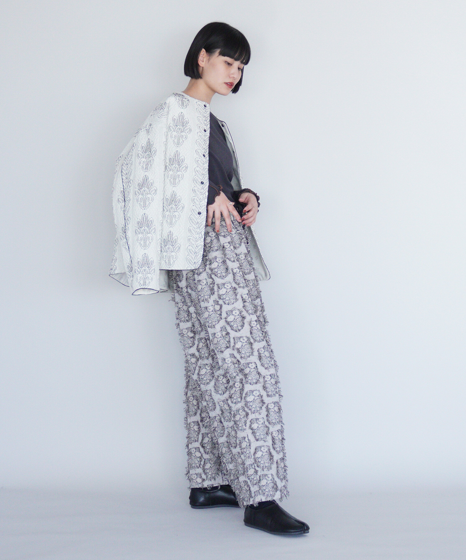 AMBIDEX Store 〇花野風jacquard ワイドパンツ(F クロ): FLAT-cic-HATENA