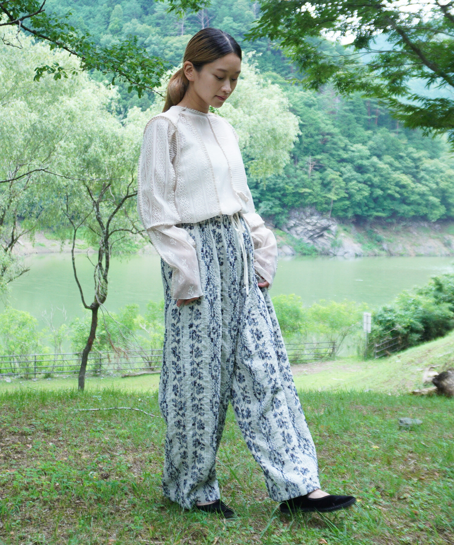 AMBIDEX Store △〇kanthaジャカード ギャザーパンツ(F ベージュ