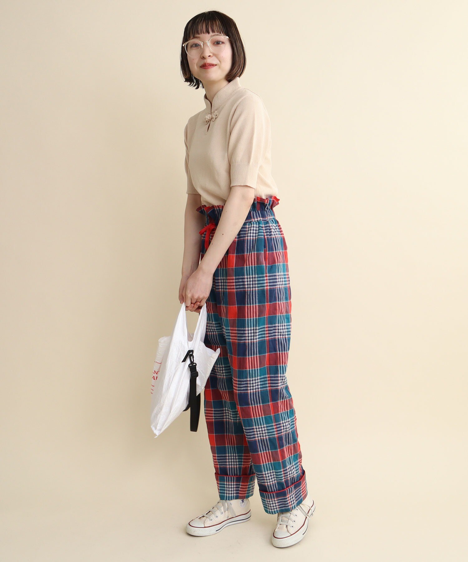 AMBIDEX Store 〇shirring check waist frill PANTS(F アカ): l 