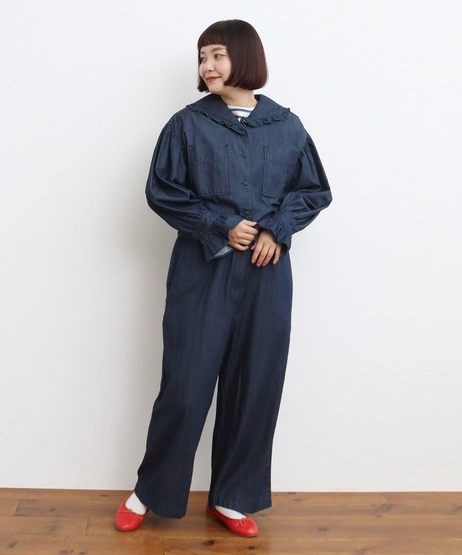 AMBIDEX Store ○ライトオンスデニム フリルセーラージャンプスーツ(F