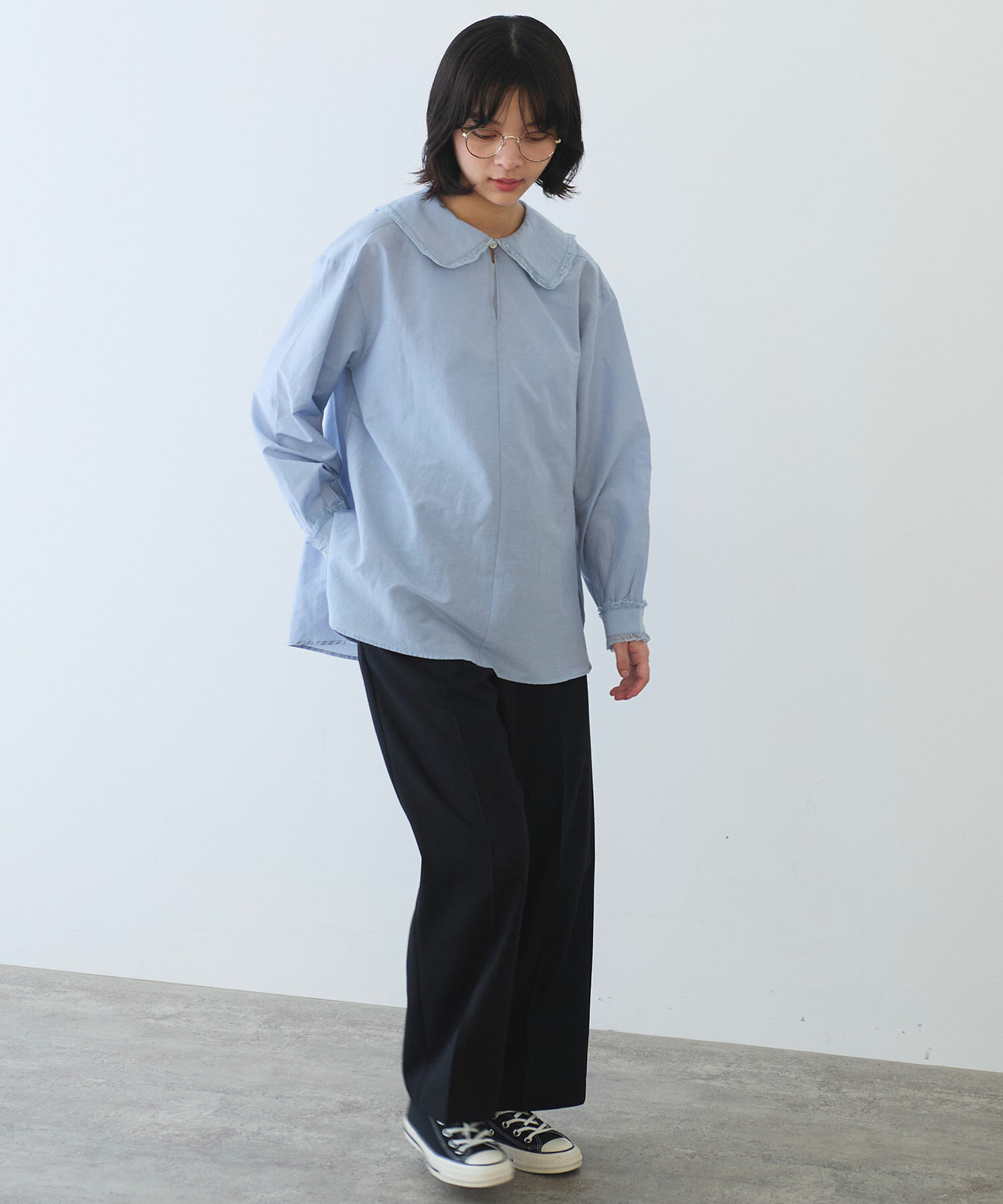 AMBIDEX Store 〇 コットン / シルク lace フリル襟ブラウス(F ブルー