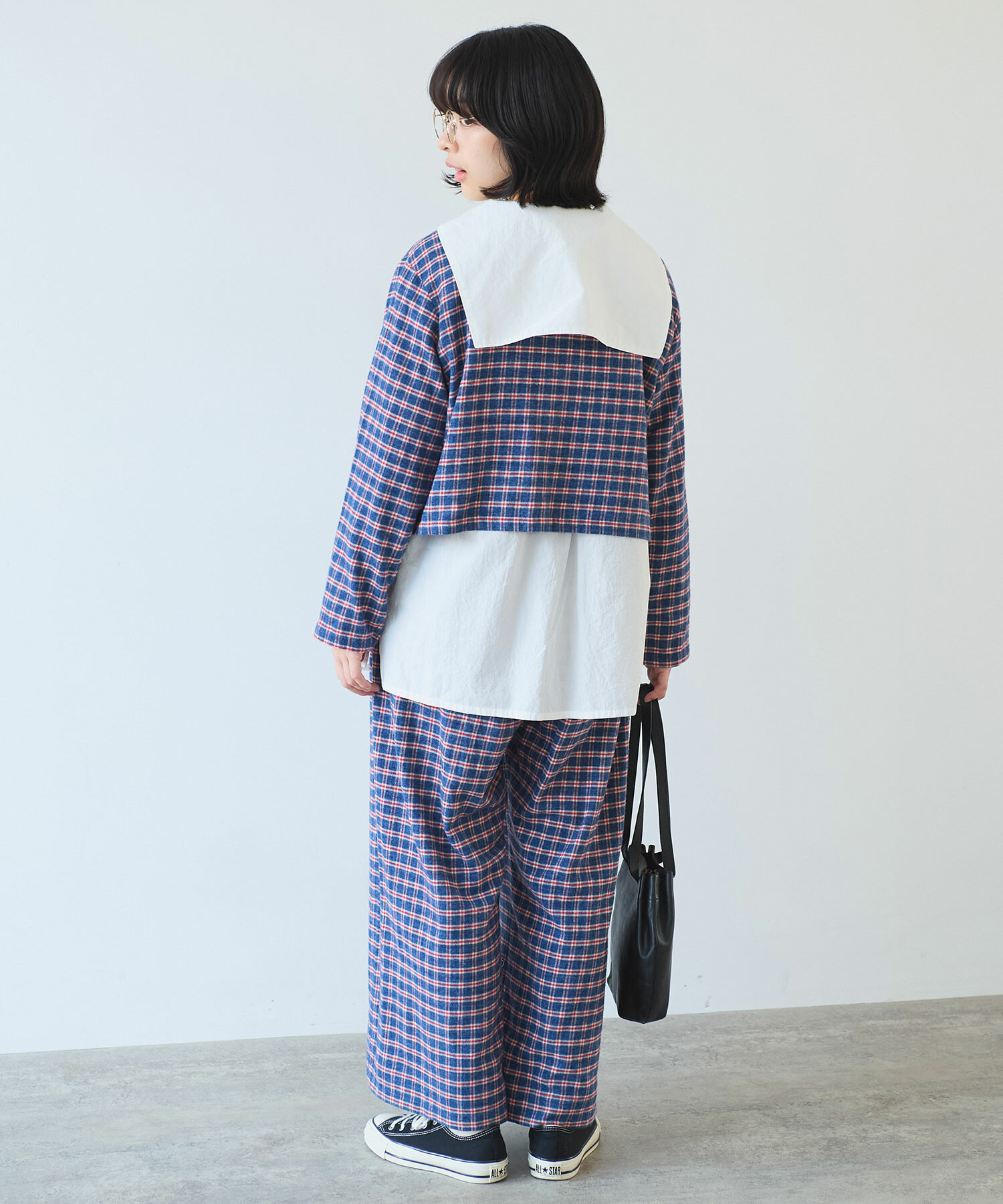 AMBIDEX Store ○ mini チェック ノーカラーブラウス(F アオ