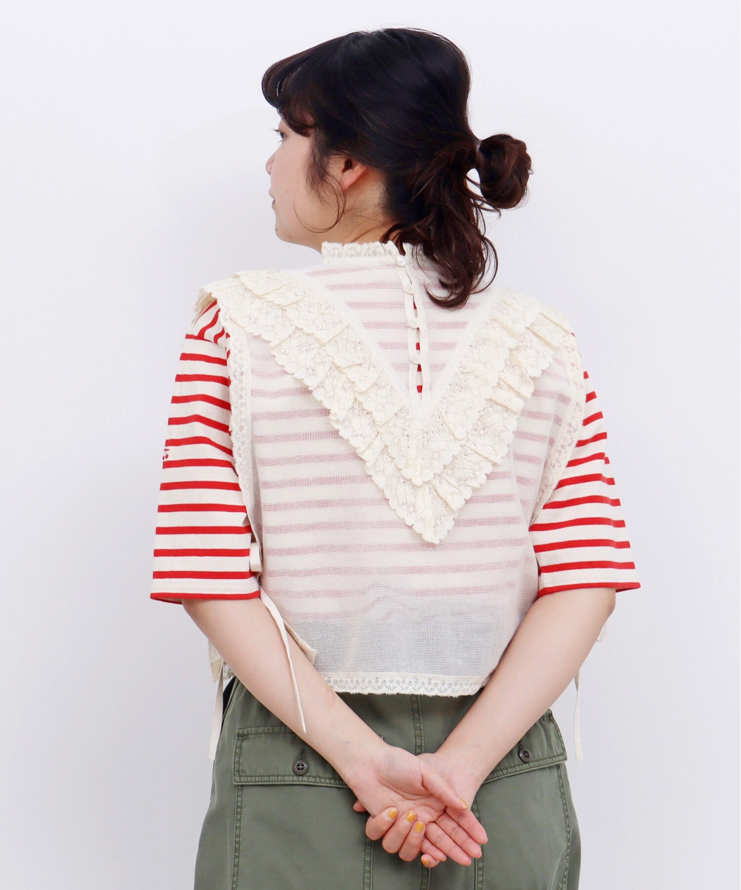 Dot\u0026Stripes コットンメッシュ　レースノースリーブブラウス