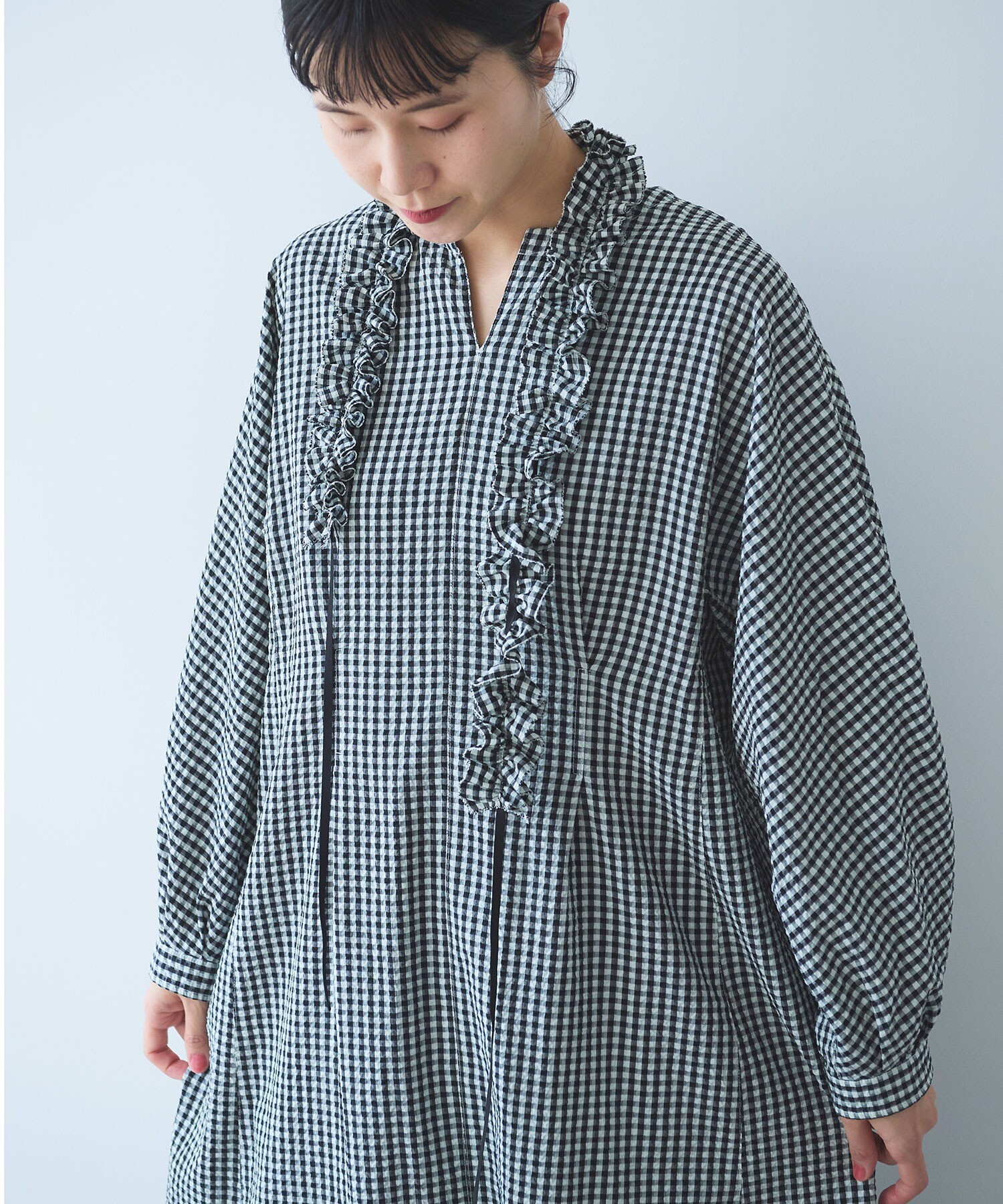 新品　BLAMINK PRE スリットネックワンピース ウールチェックスリットネックワンピース | BLAMINK (Women