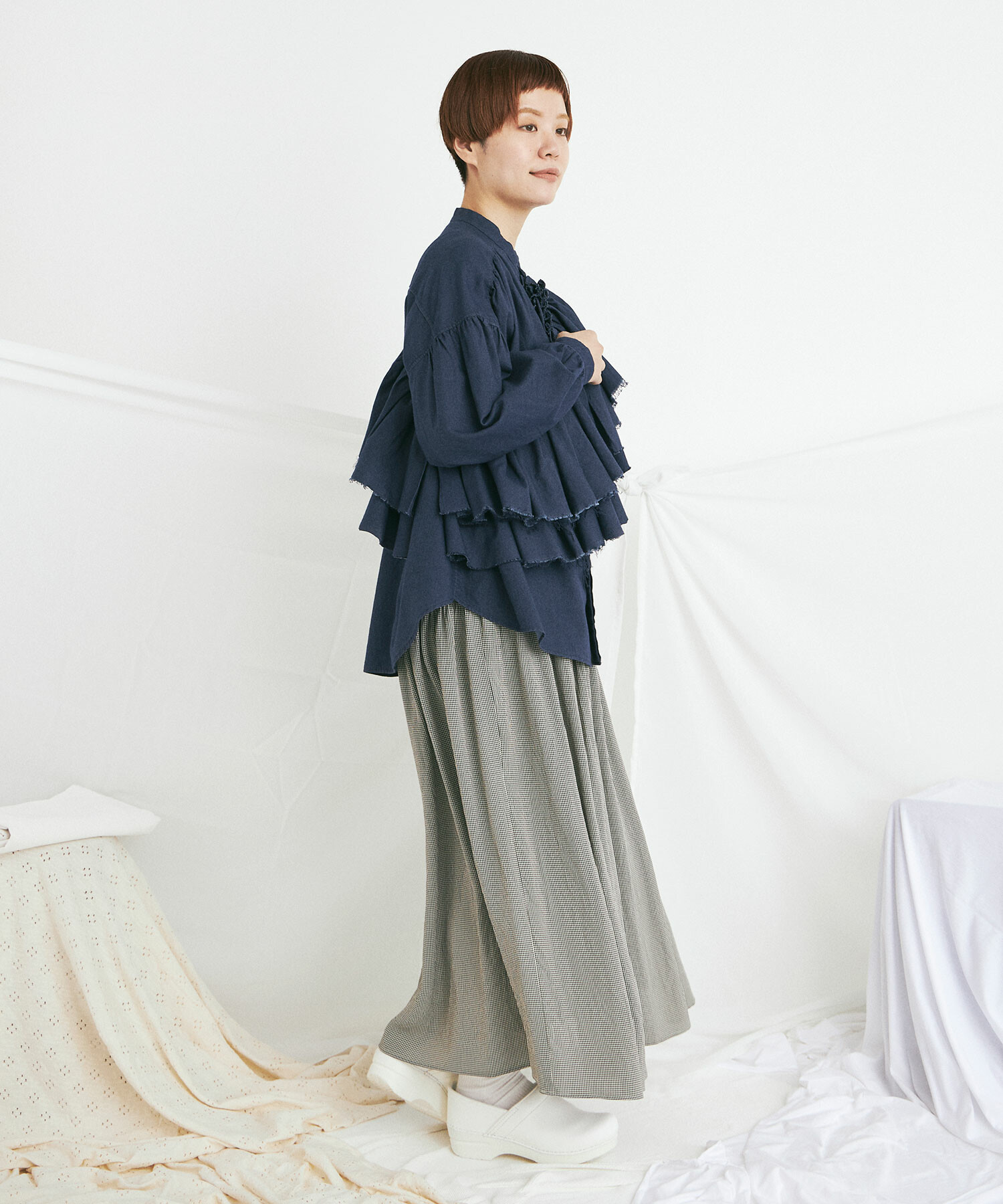 AMBIDEX Store 綿サテンピグメント染 FRILL シャツ(F DENIM): buoybuoy