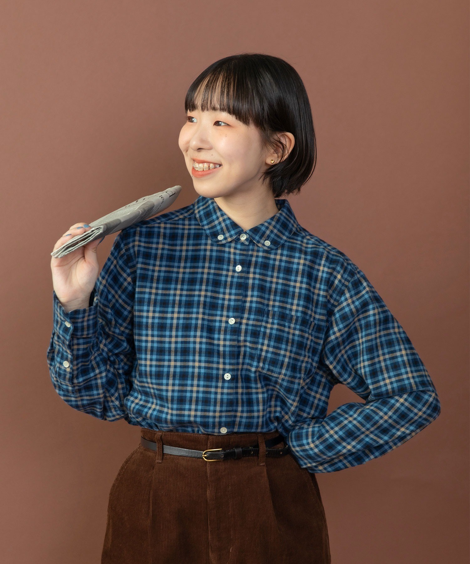 AMBIDEX Store ネルチェック 丸襟ボタンダウンシャツ(F アオ): PAR ICI