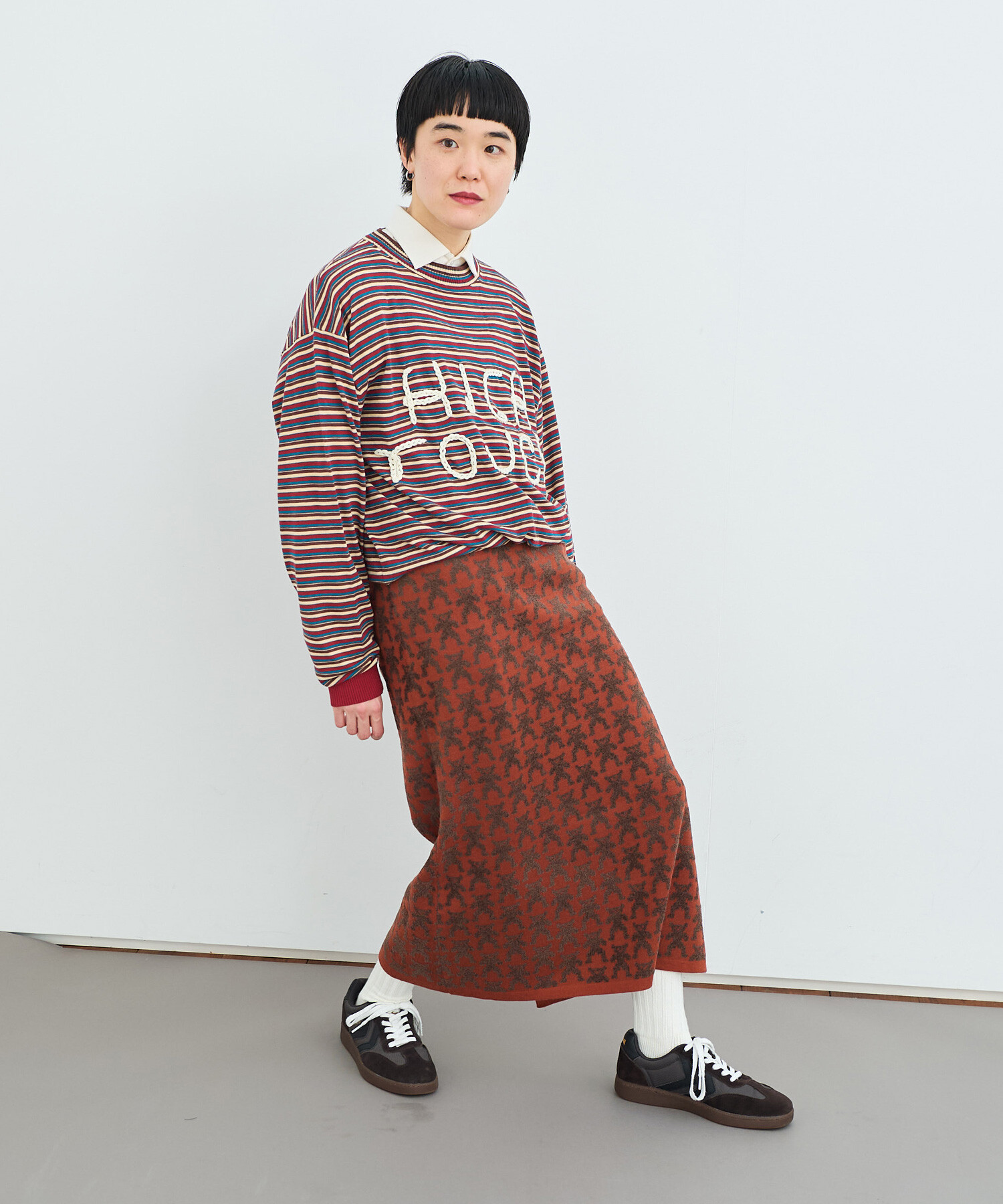 AMBIDEX Store 〇BEAR JACQUARD ロングニットワンピース(F NAVY