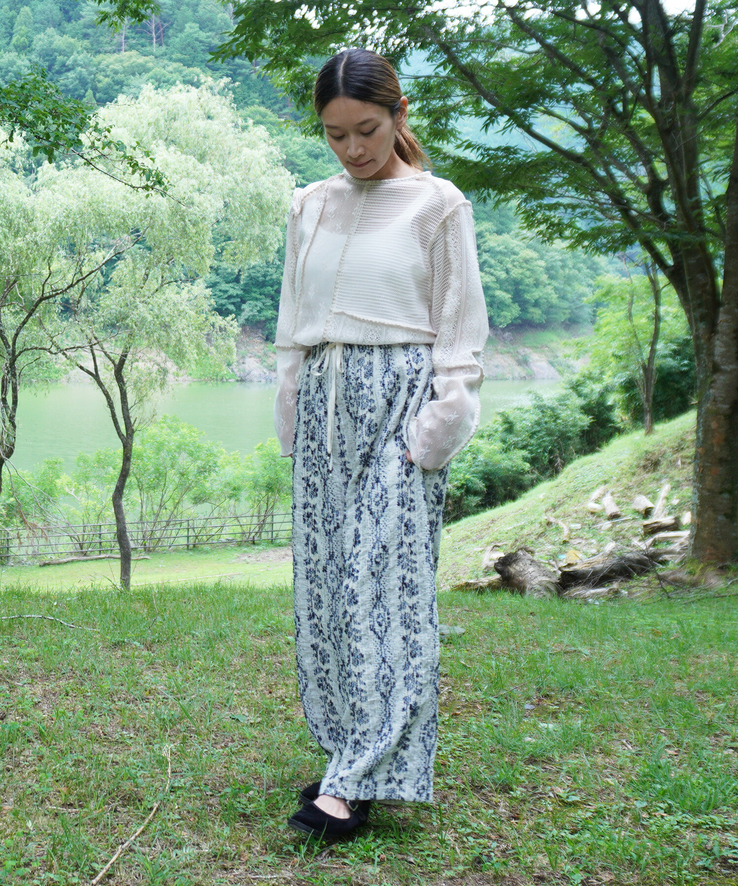 AMBIDEX Store 〇mix yarn jacquard ギャザーパンツ(F ピンク