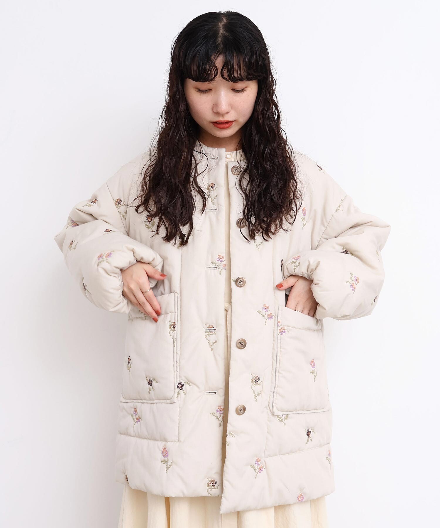 AMBIDEX Store 〇お花のクロスステッチ キルト刺繍コート(F コン): l