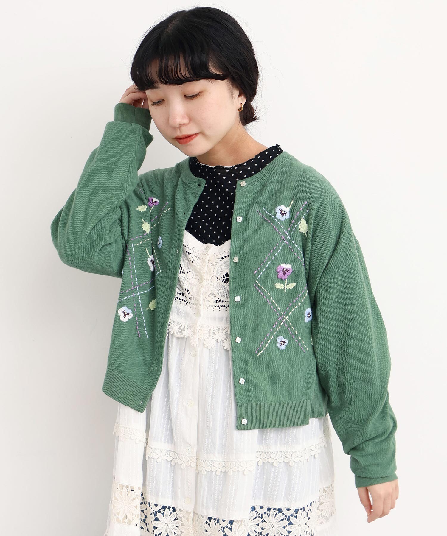 AMBIDEX Store パンジーのお花 ハンド刺繍カーディガン(F イエロー): l