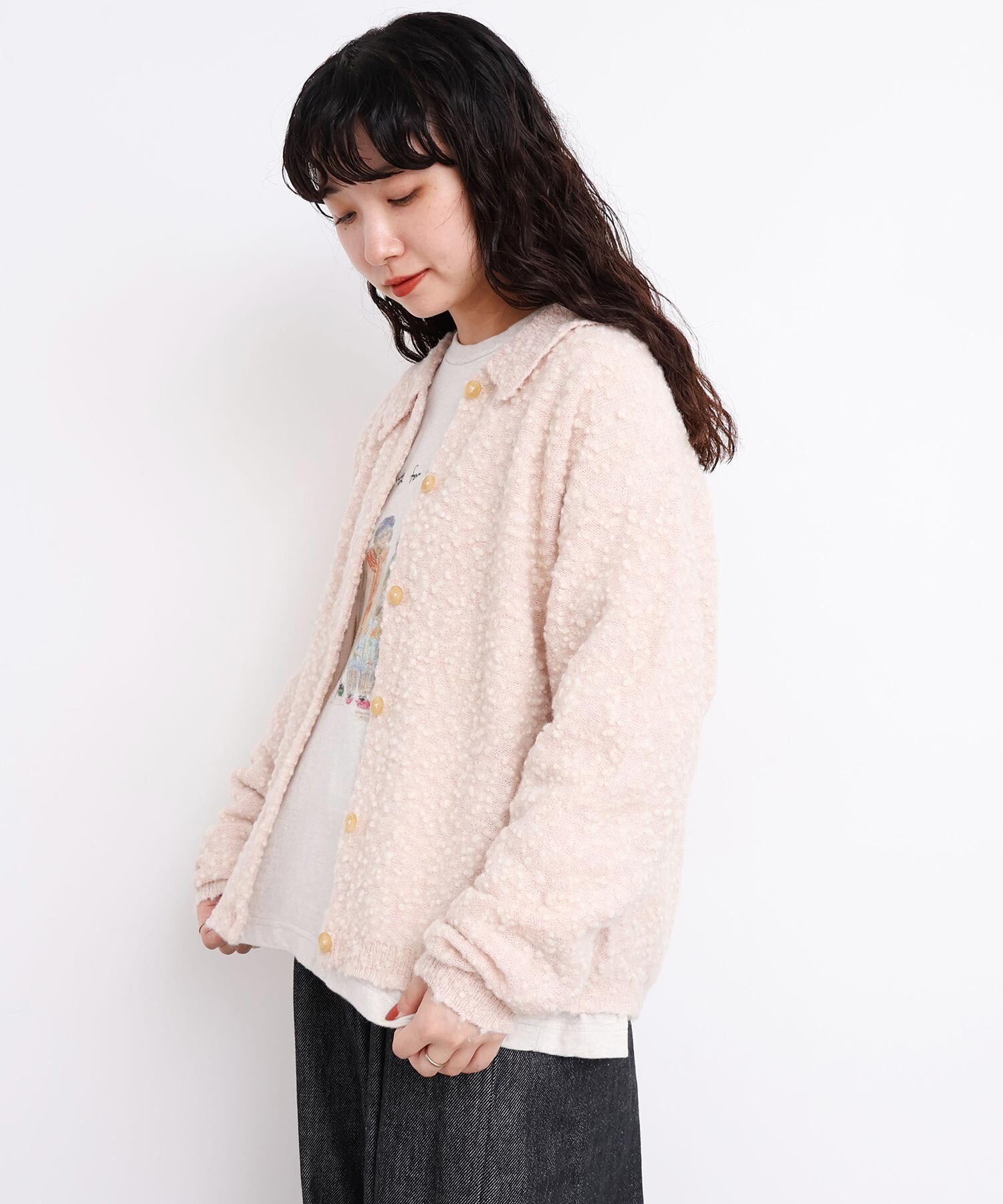 AMBIDEX Store 〇きらっとしたニット 襟付きカーディガン(F キナリ): l