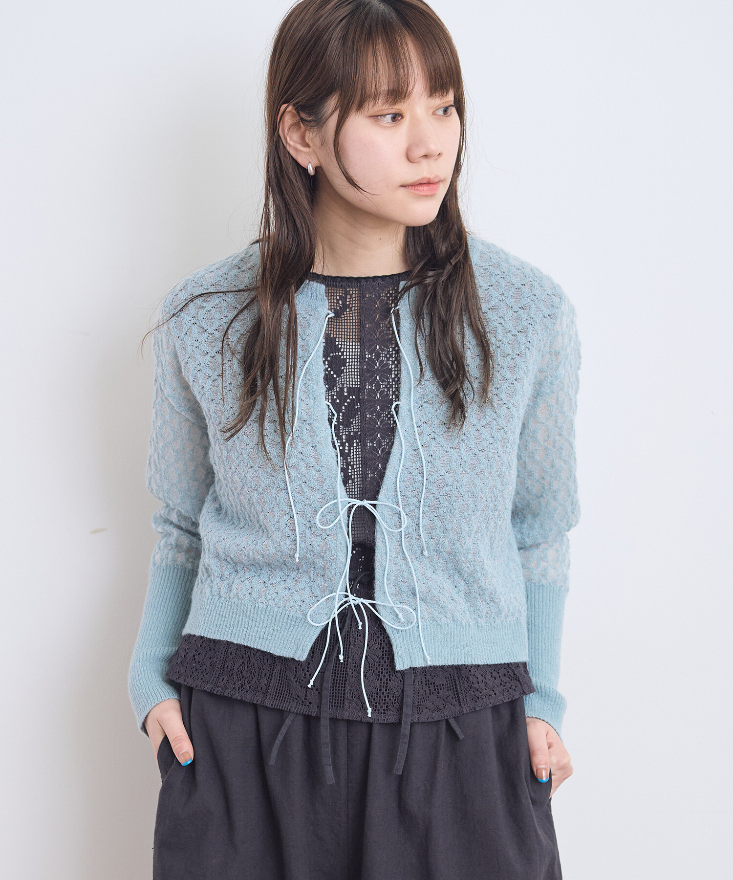 AMBIDEX Store 〇幾何学レースジャカード リボンカーディガン(F