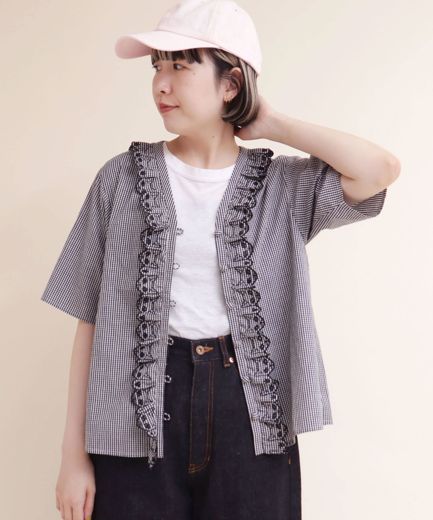 AMBIDEX Store 【予約販売】○ネコカットワークレースフリル ブラウス(F ギンガム): l'atelier du savon