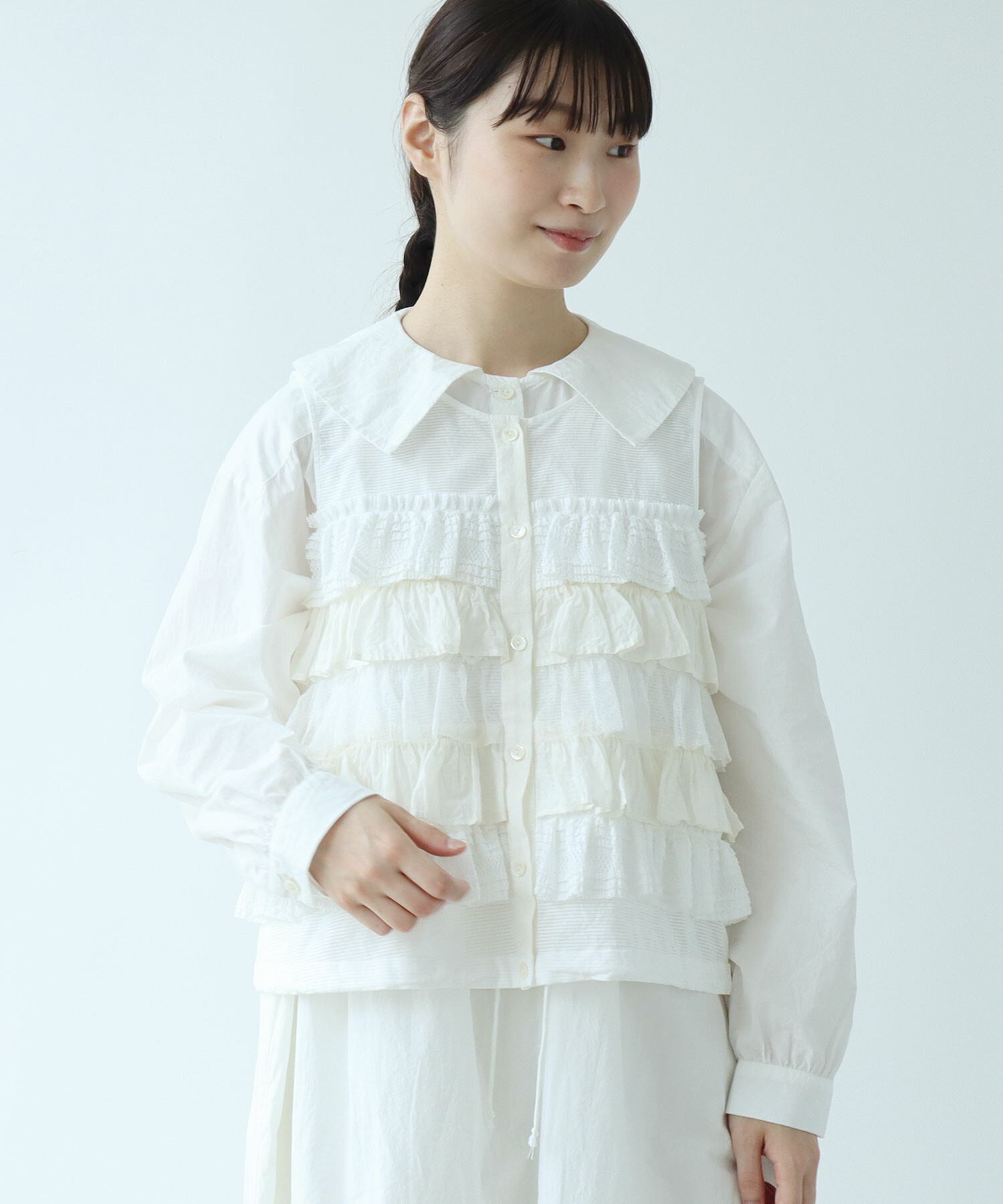 AMBIDEX Store 〇Lace×tulle フリル ベスト(F シロ): bulle de savon