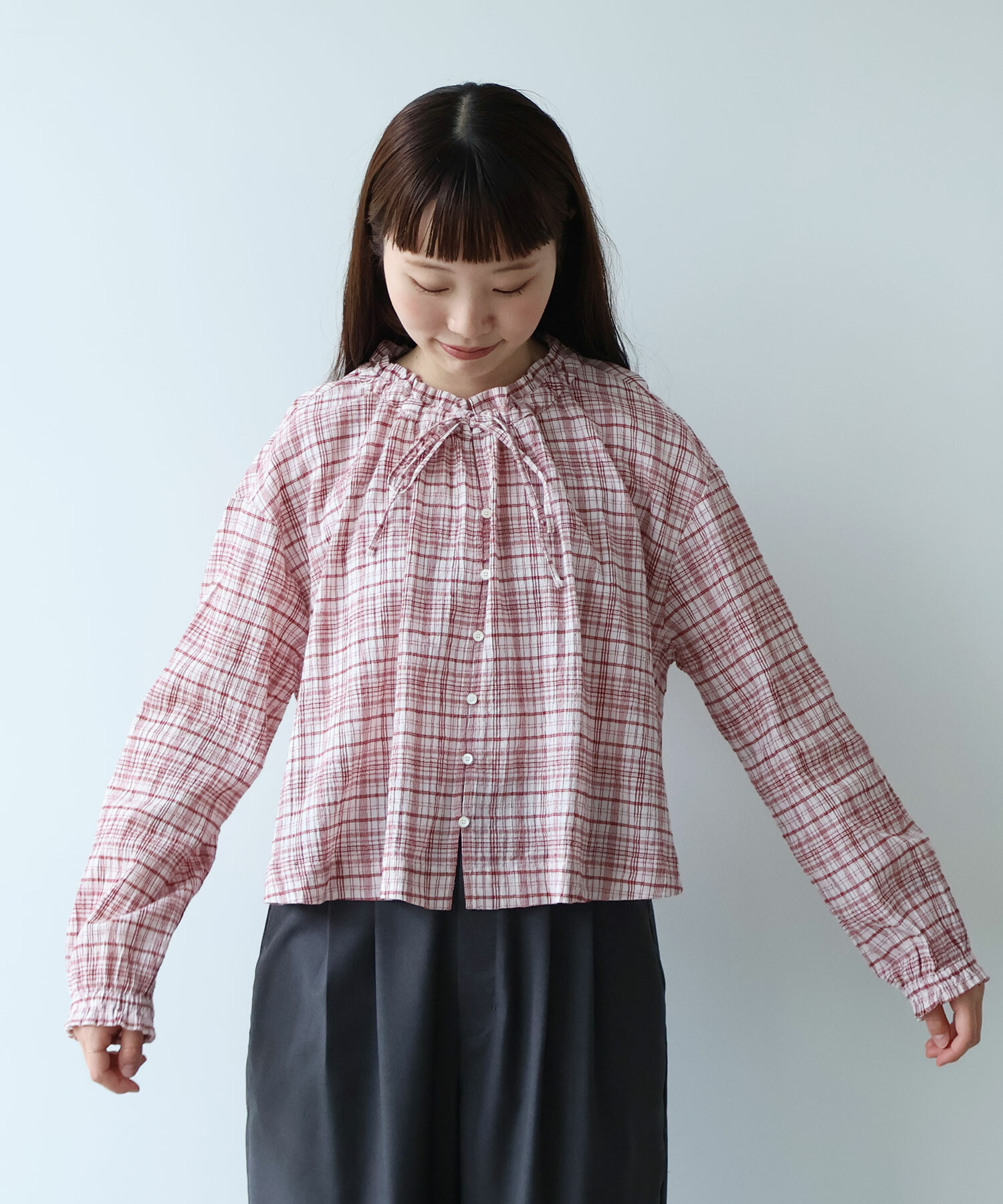 AMBIDEX Store △〇 ちぢみcheck ブラウス(F ピンク): bulle de savon