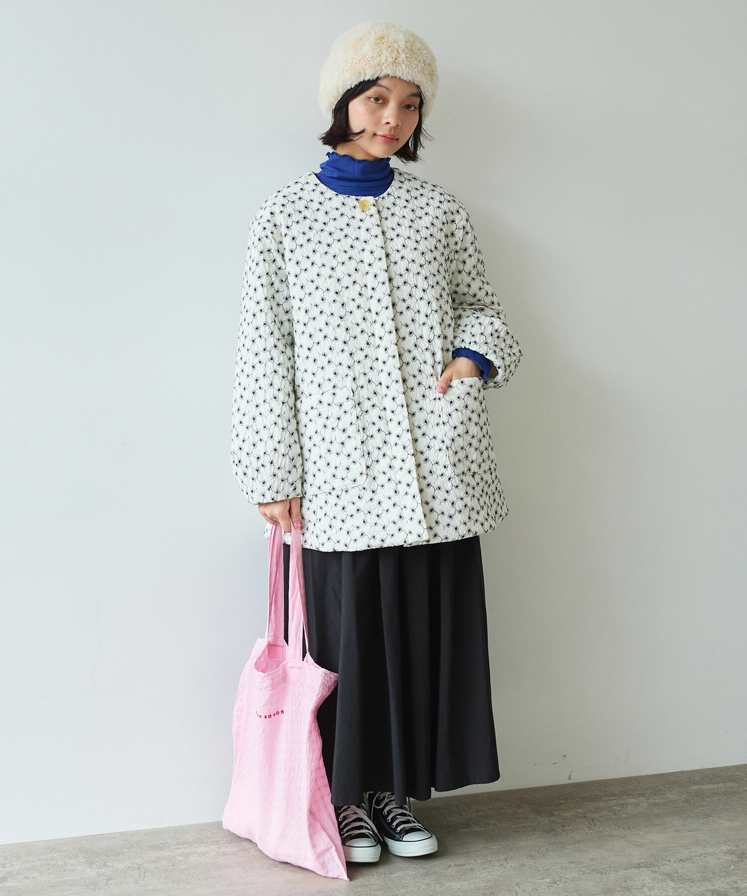 AMBIDEX Store △〇 evodown はな刺繍 ノーカラーコート(F コン