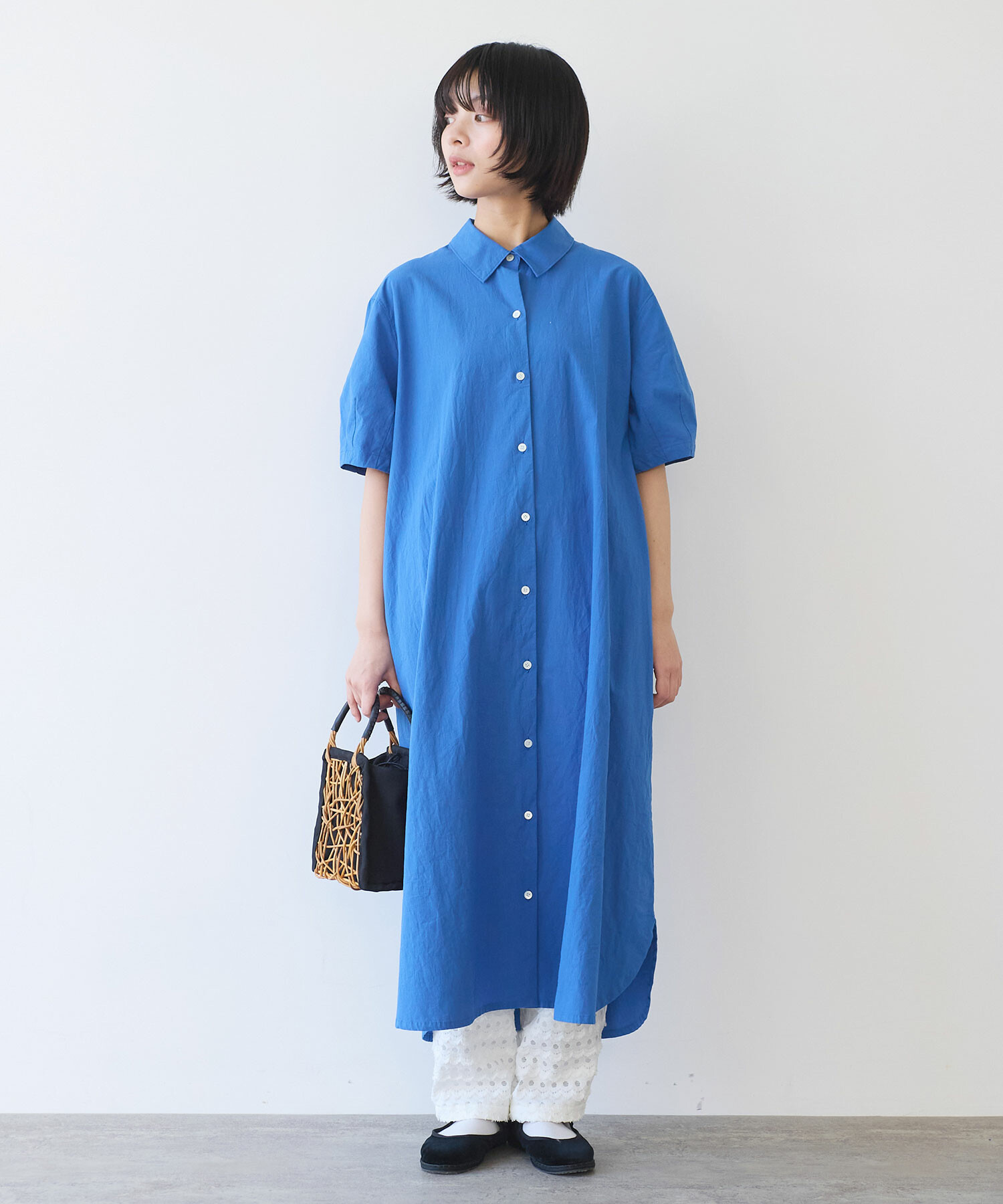 グラデーション 半袖 Tシャツ ワンピース AMBIDEX Store 〇 強撚ポプリン 半袖 シャツワンピース(F シロ