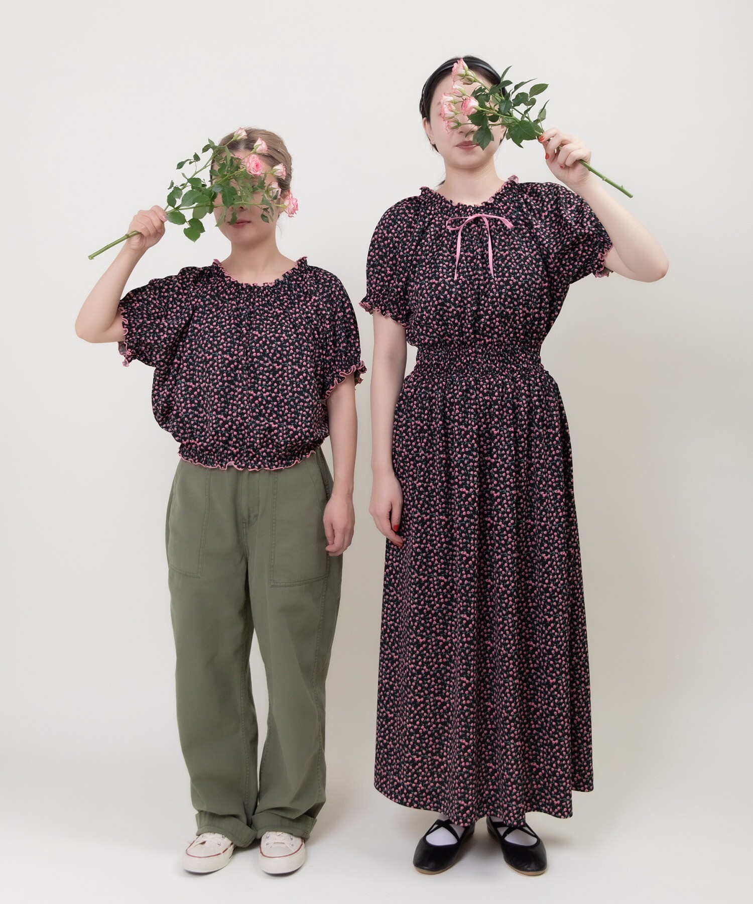 ポンチsmall roseプリント パフスリーブワンピース